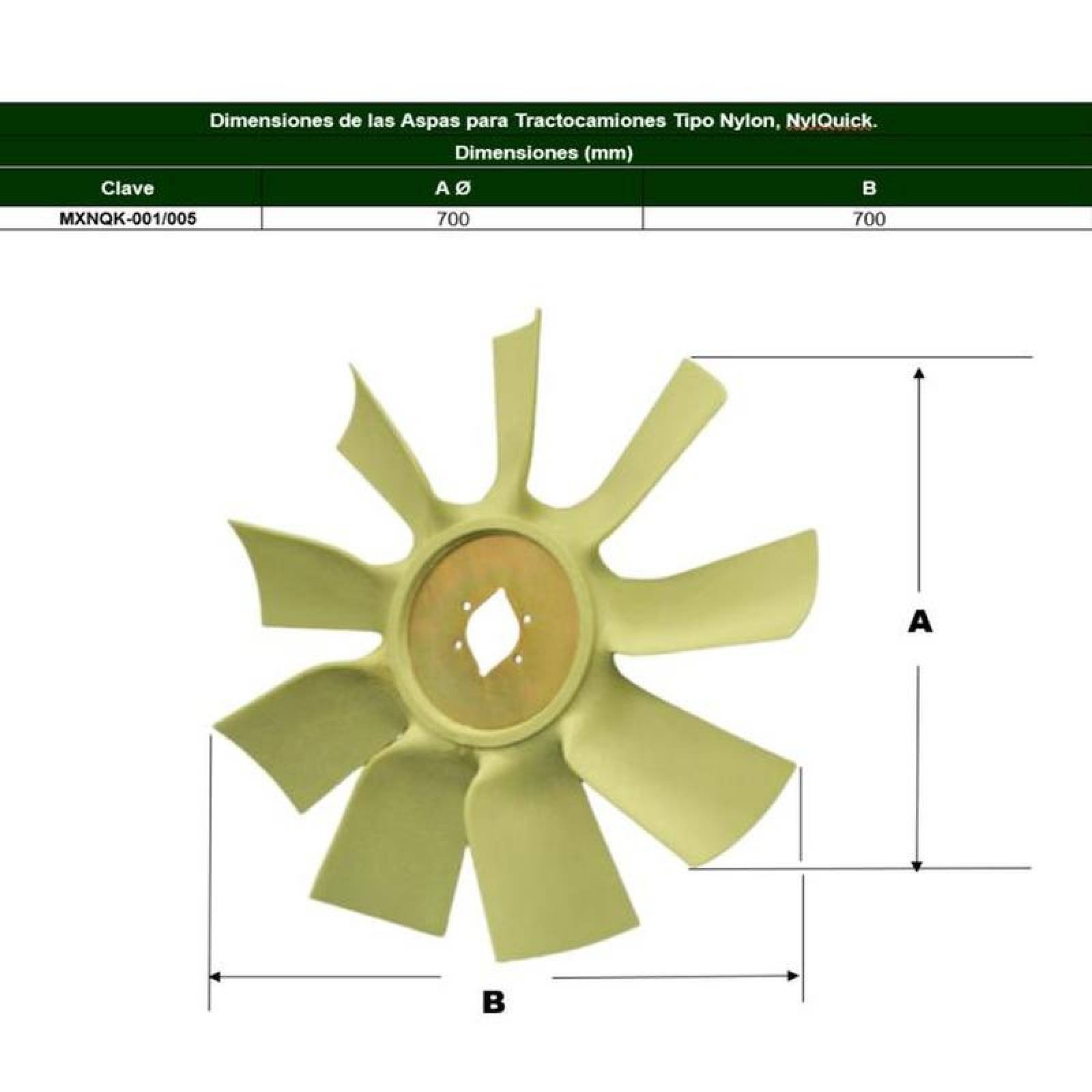 Refacciones de Ventiladores Nylon MXNQK-005-1 30" Diámetro 9 Aspas 2 12" Flecha Giro Derecha Nylon con Fibra de Vidrio, NylQuick