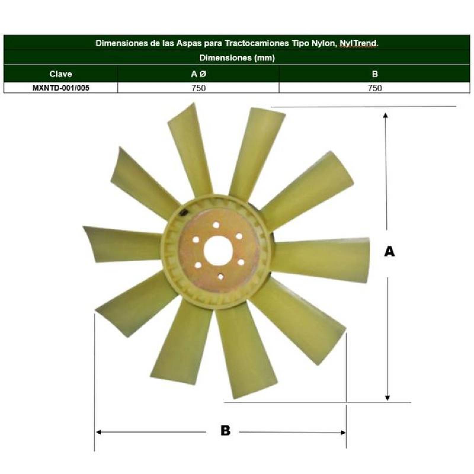 Ventiladores para Dina 210 MXNTD-002-2 19" Diámetro 10 Aspas 2" Flecha Giro Derecha Nylon con Fibra de Vidrio NylTrend