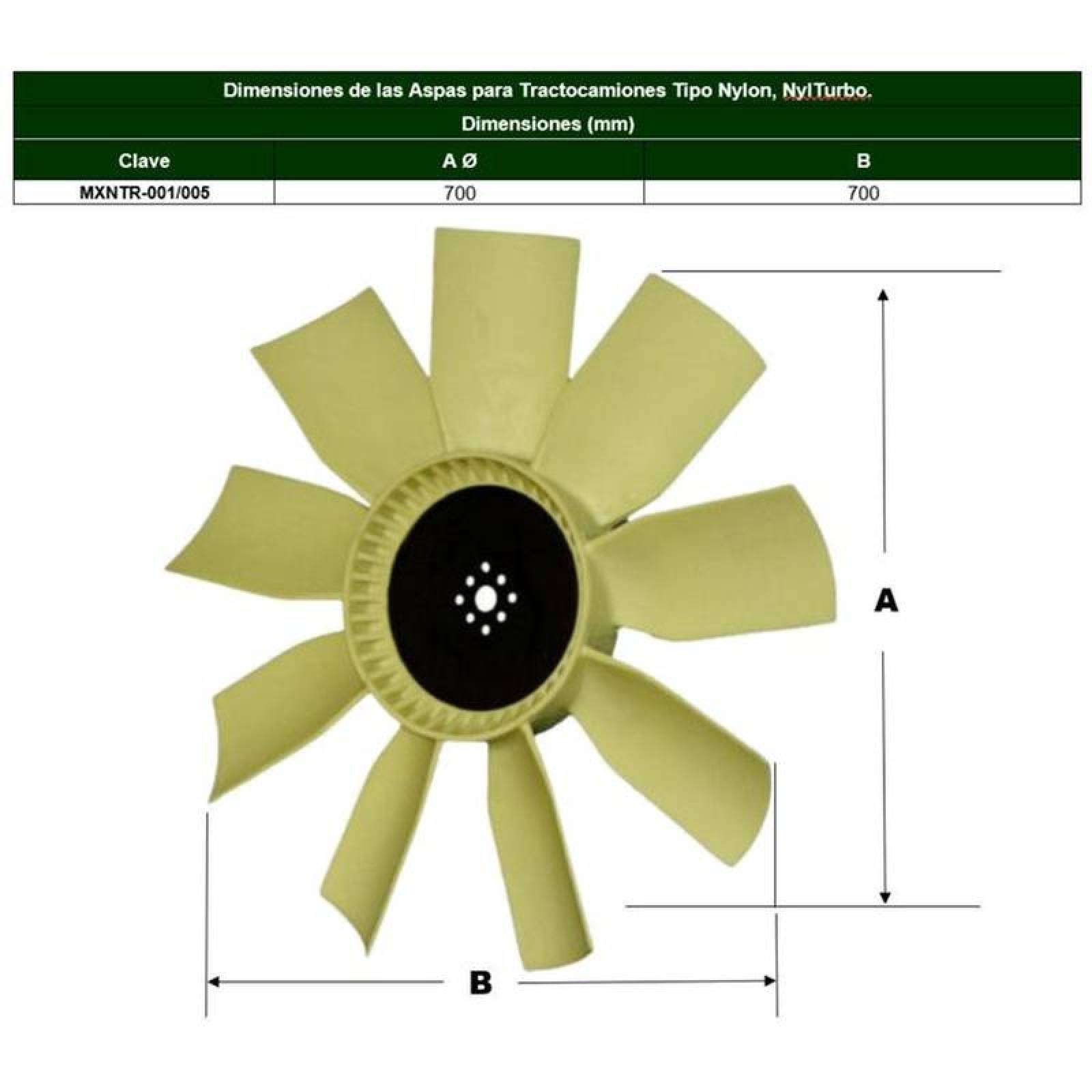 Ventilador con Rotación Derecha MXNTR-003-5 28" Diámetro 9 Aspas 1" Flecha Giro Derecha Nylon con Fibra de Vidrio, NylTurbo