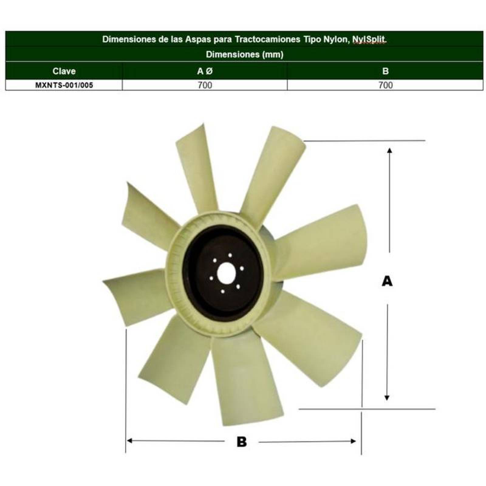 Refacción de Ventiladores Nylon MXNTS-005-1 32" Diámetro 8 Aspas 2" Flecha Giro Derecha Nylon con Fibra de Vidrio, NylSplit