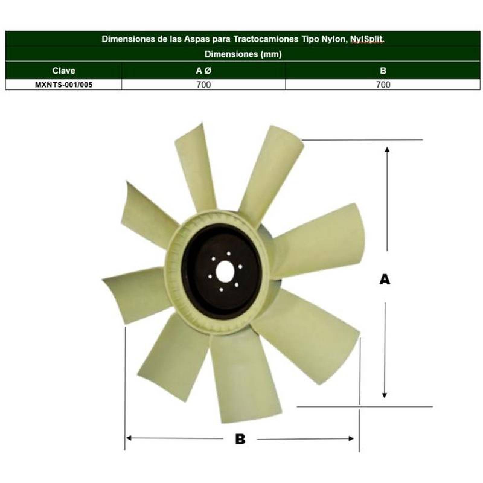 Refacción de Aspas Nylon MXNTS-005-2 32" Diámetro 8 Aspas 2" Flecha Giro Derecha Nylon con Fibra de Vidrio, NylSplit