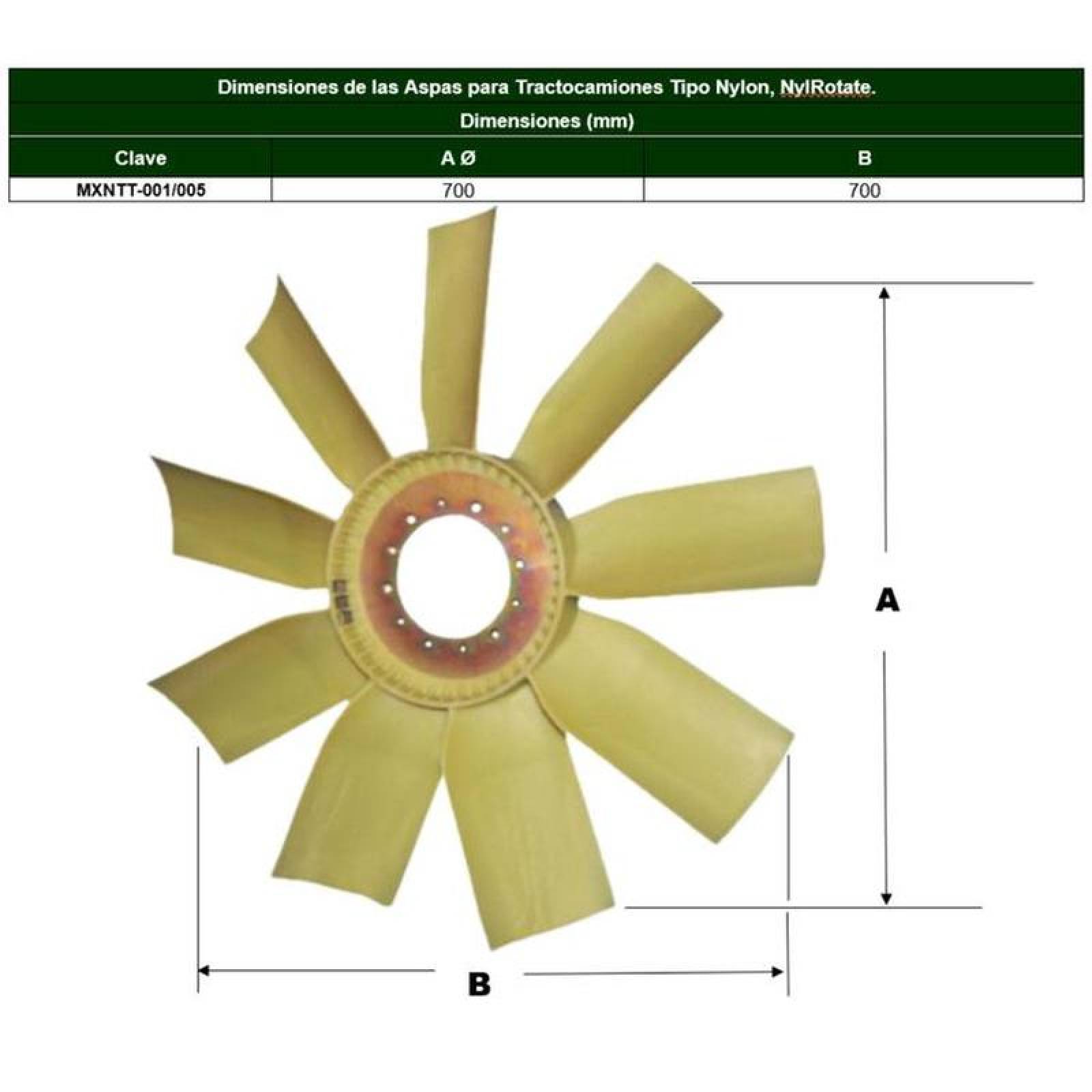 Ventiladores Tipo Nylon MXNTT-002-2 26" Diámetro 9 Aspas 5" Flecha Giro Derecha Nylon con Fibra de Vidrio, NylRotate