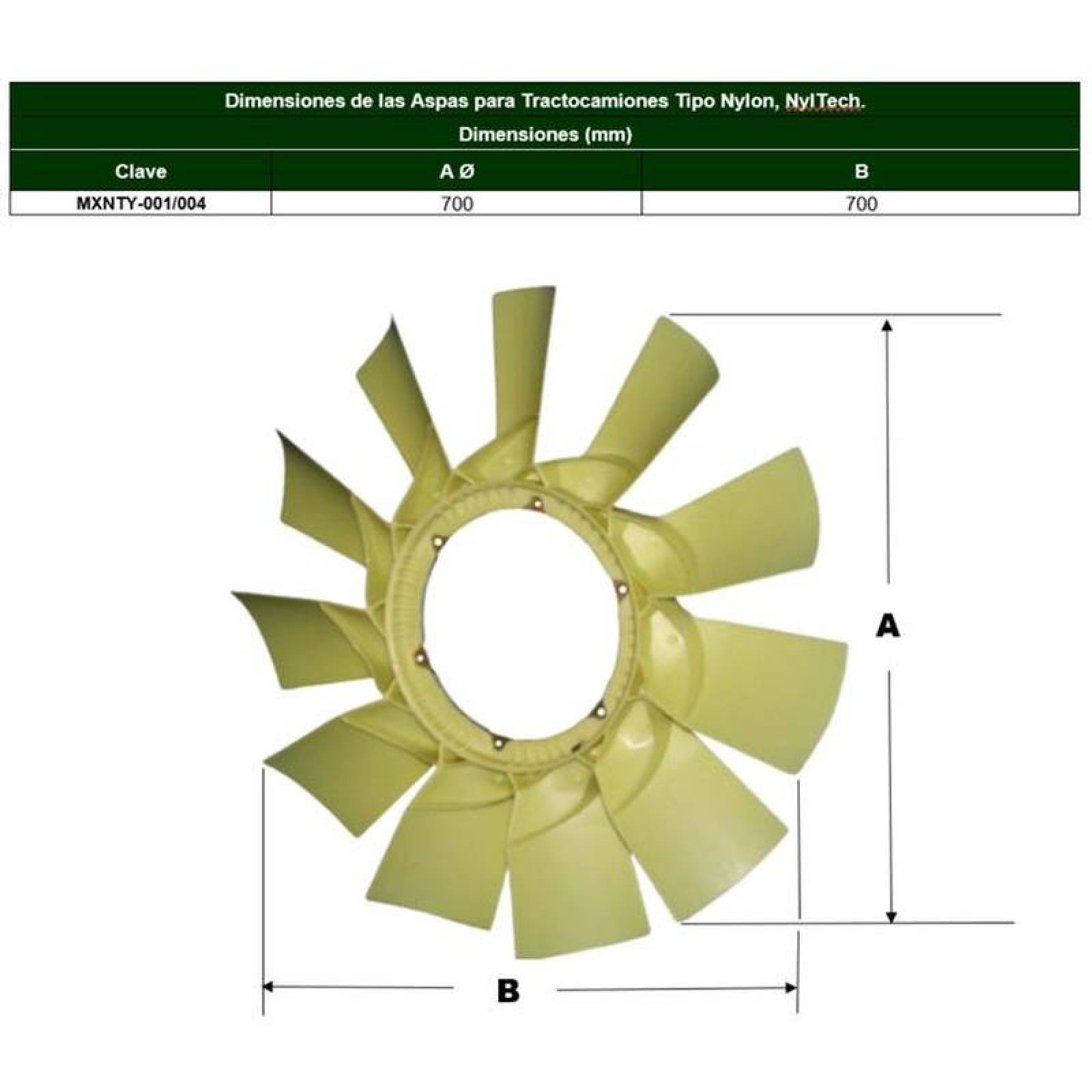 Aspas para Ventiladores MXNTY-003-1 30" Diámetro 11 Aspas 11" Flecha Giro Derecha Nylon con Fibra de Vidrio, NylTech