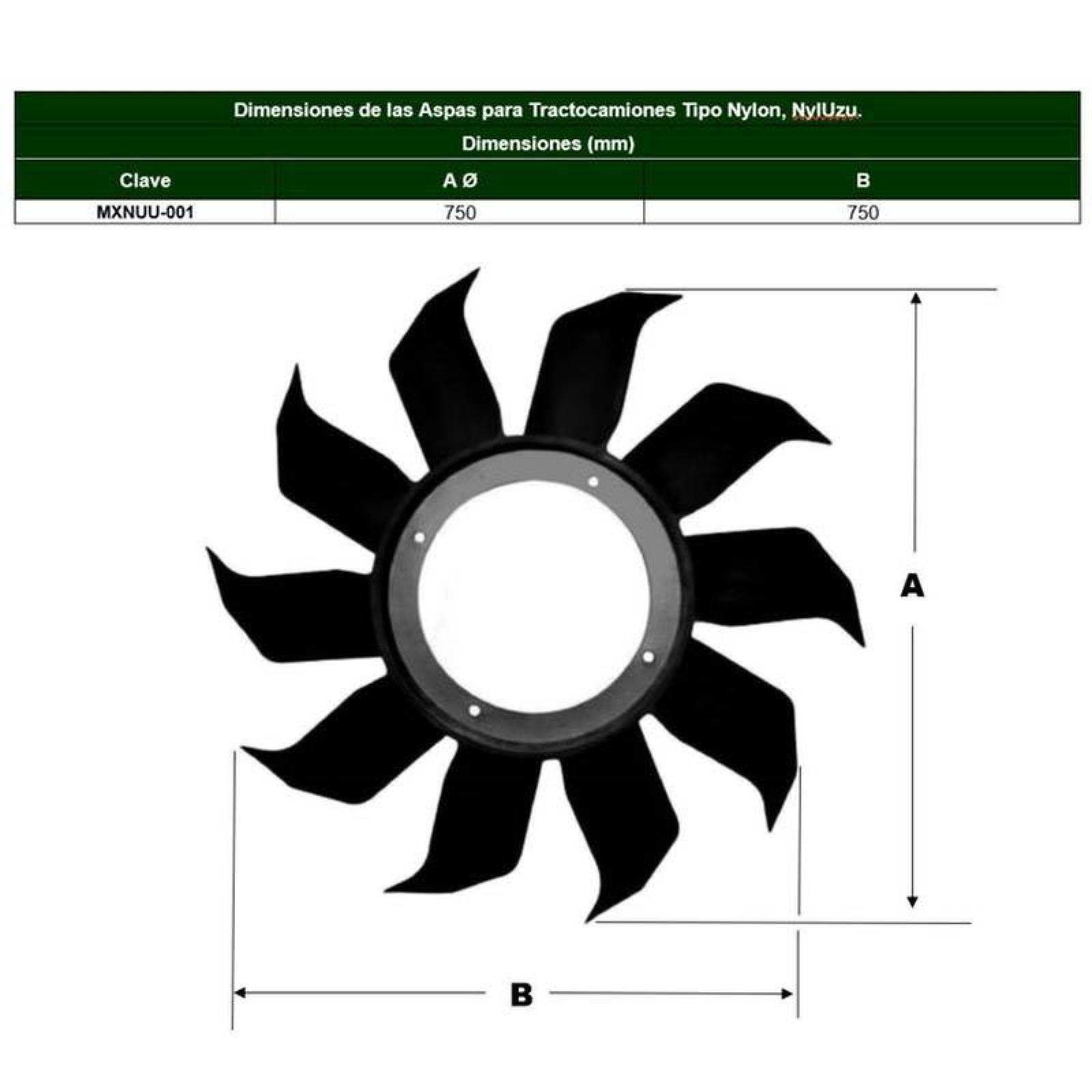 Aspa de Ventilador para Camión MXNUU-001-19 18" Diámetro 10 Aspas 6 516" Flecha Giro Derecha Nylon con Fibra de Vidrio NylUzu