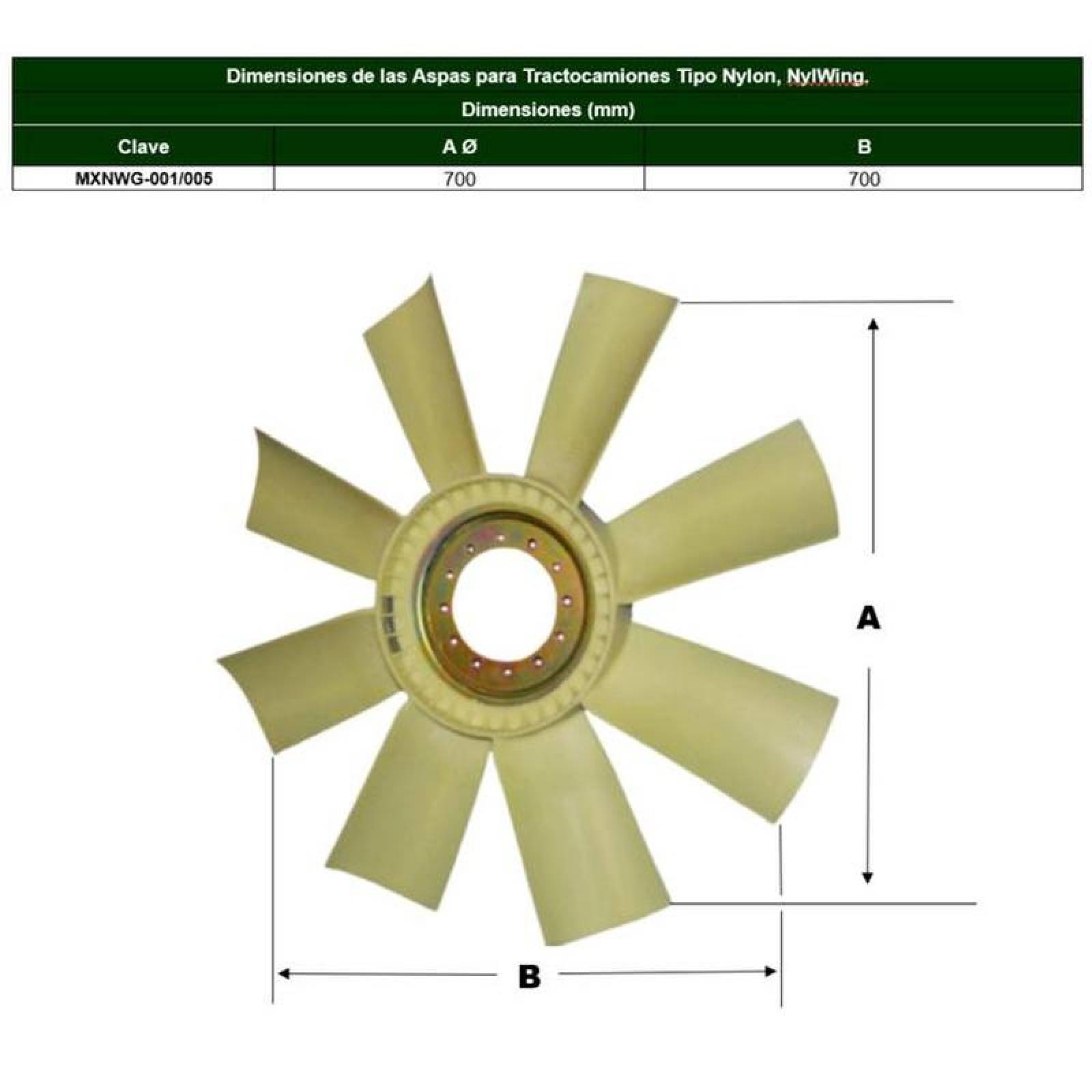 Ventiladores para Camiones Navistar MXNWG-003-3 28" Diámetro 8 Aspas 5" Flecha Giro Derecha Nylon con Fibra de Vidrio, NylWing