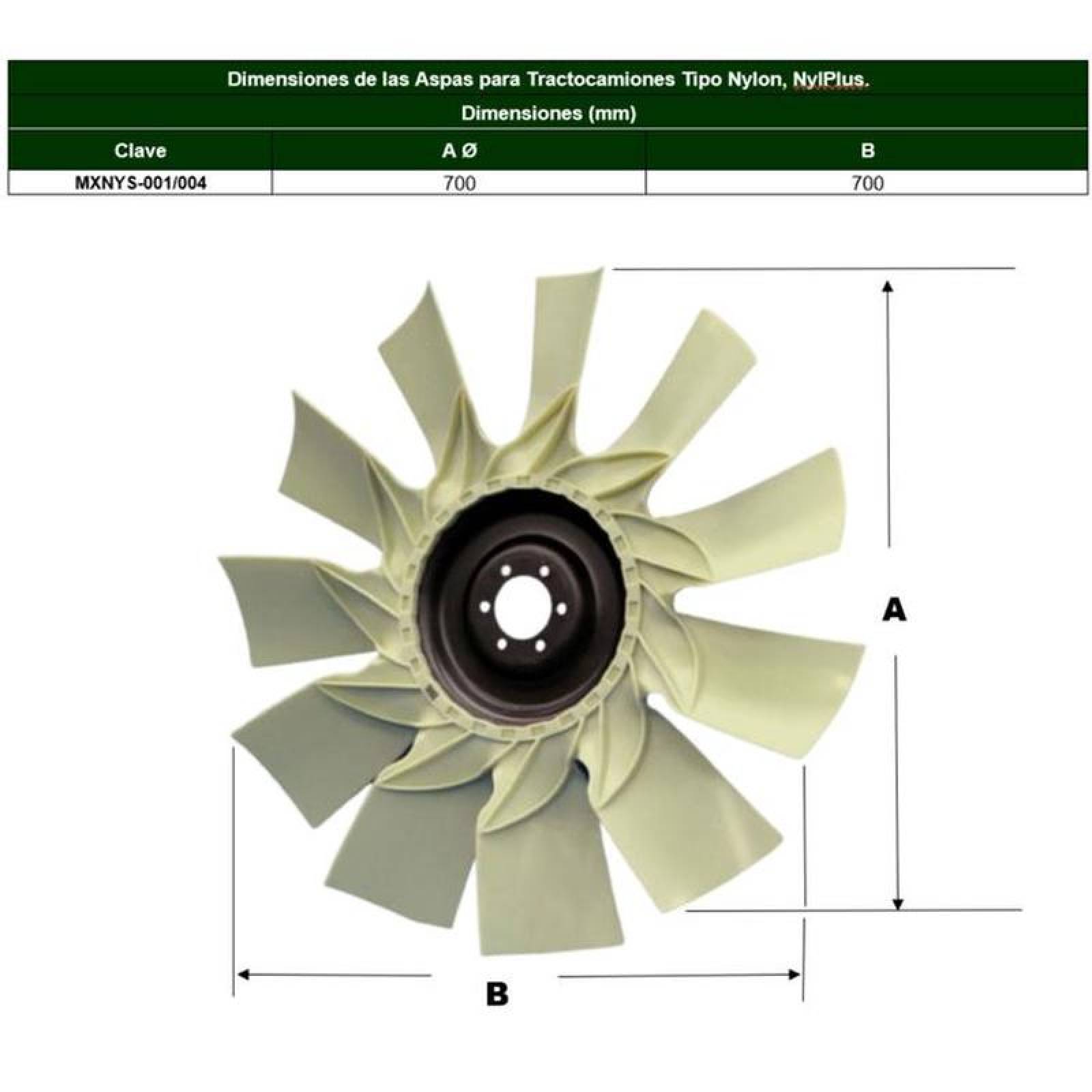 Aspas de Nylon para Motores Diesel MXNYS-001-3 26" Diámetro 11 Aspas 2 12" Flecha Giro Derecha Nylon con Fibra de Vidrio NylPlus