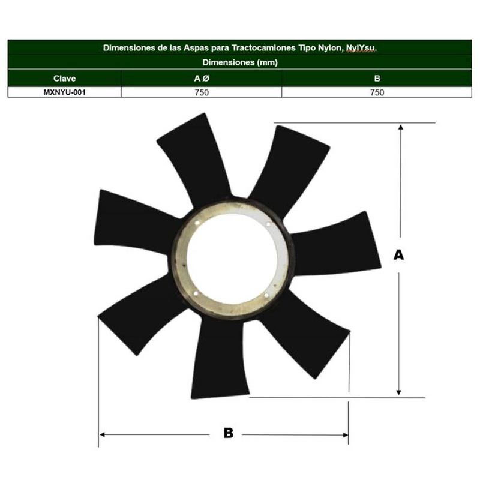Aspas de Ventilación Tipo Nylon MXNTU-001-24 20" Diámetro 7 Aspas 6 516" Flecha Giro Derecha Nylon con Fibra de Vidrio, NylYsu
