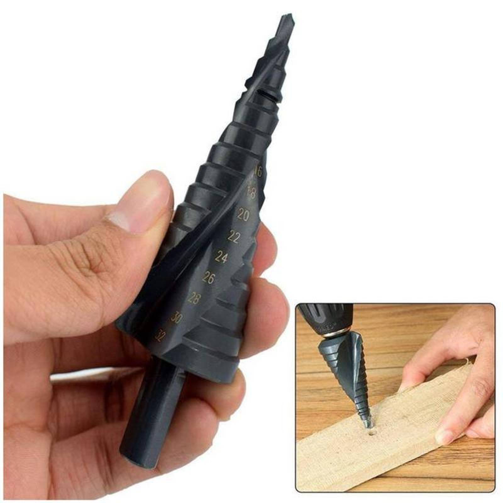 Brocas para Perforar Aluminio MXBLB-001-7 3 Pzas 1 x 4-12mm 1 x 4-20mm 1 x 4-32mm 2,4cm Zanco Escalonadas Acero Alta Velocidad, BlakBroc