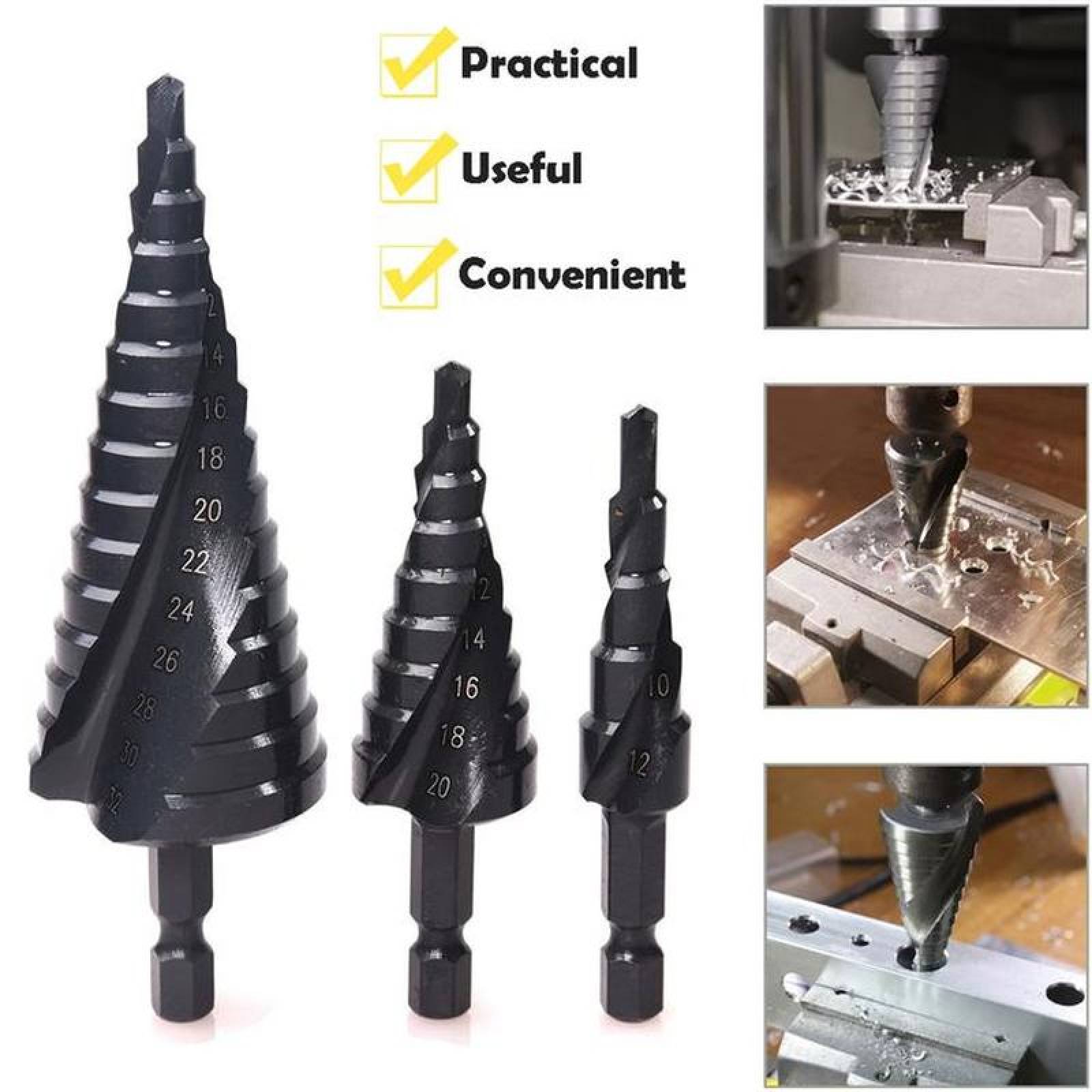 Brocas para Perforar Aluminio MXBLB-001-7 3 Pzas 1 x 4-12mm 1 x 4-20mm 1 x 4-32mm 2,4cm Zanco Escalonadas Acero Alta Velocidad, BlakBroc