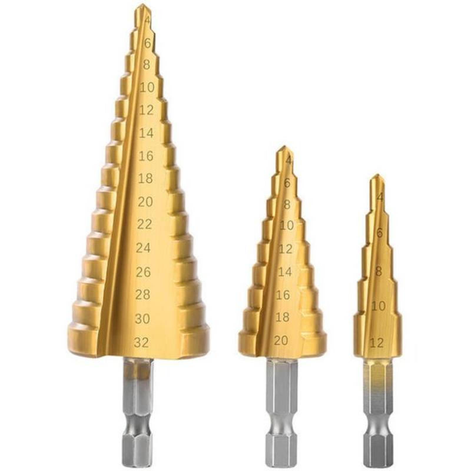 Brocas Escalonadas para Taladro MXGOC-001-5 3 Pzas 1 x 4-12mm 1 x 4-20mm 1 x 4-32mm 2,4cm Zanco Escalonadas Acero Alta Velocidad, GolBroc