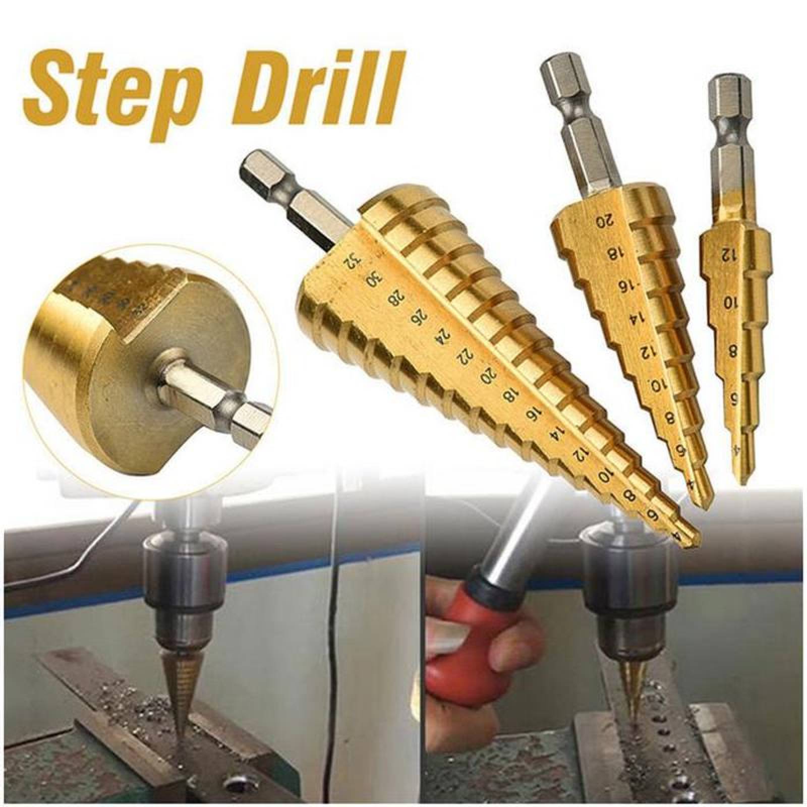 Brocas Escalonadas para Taladro MXGOC-001-5 3 Pzas 1 x 4-12mm 1 x 4-20mm 1 x 4-32mm 2,4cm Zanco Escalonadas Acero Alta Velocidad, GolBroc