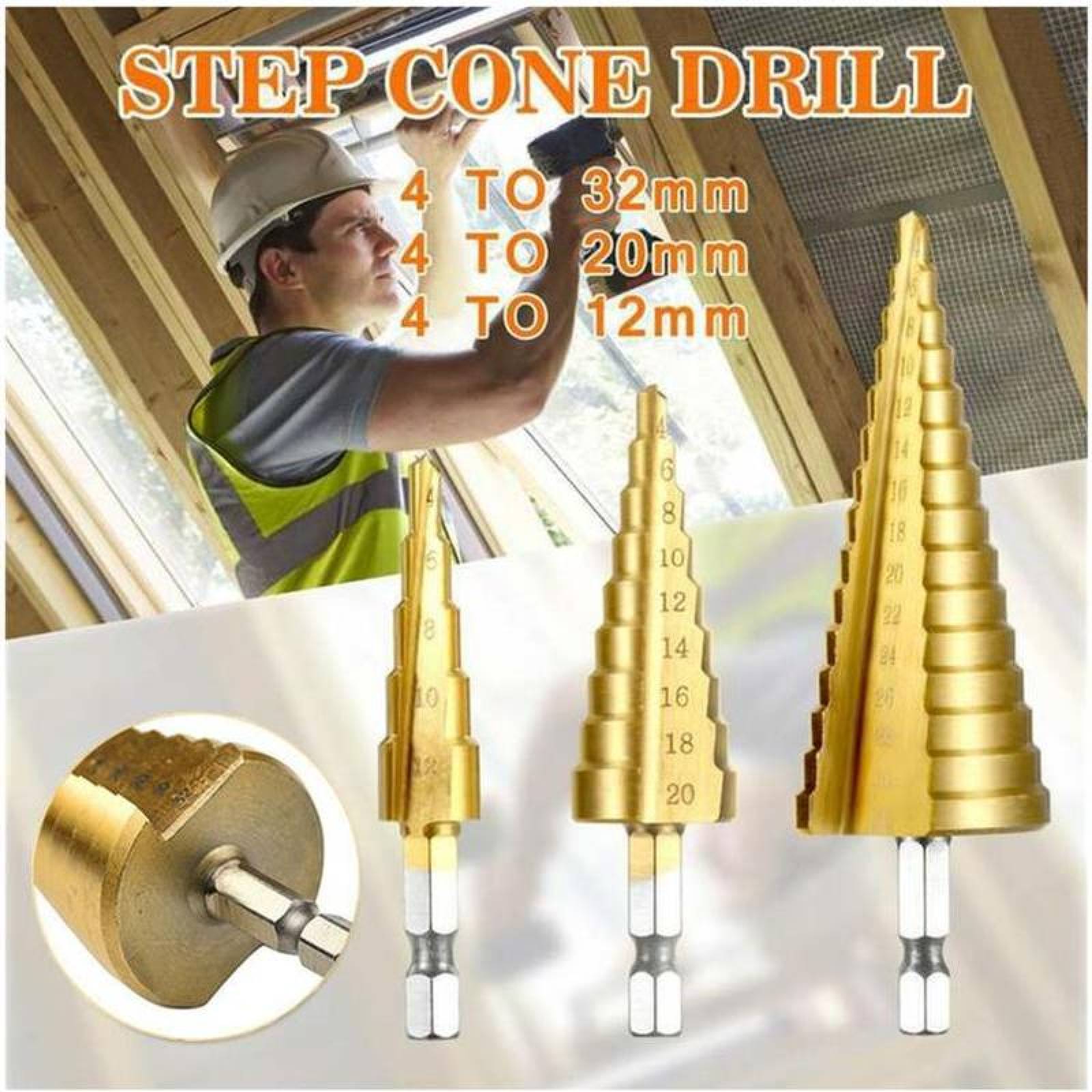 Brocas Escalonadas para Taladro MXGOC-001-5 3 Pzas 1 x 4-12mm 1 x 4-20mm 1 x 4-32mm 2,4cm Zanco Escalonadas Acero Alta Velocidad, GolBroc
