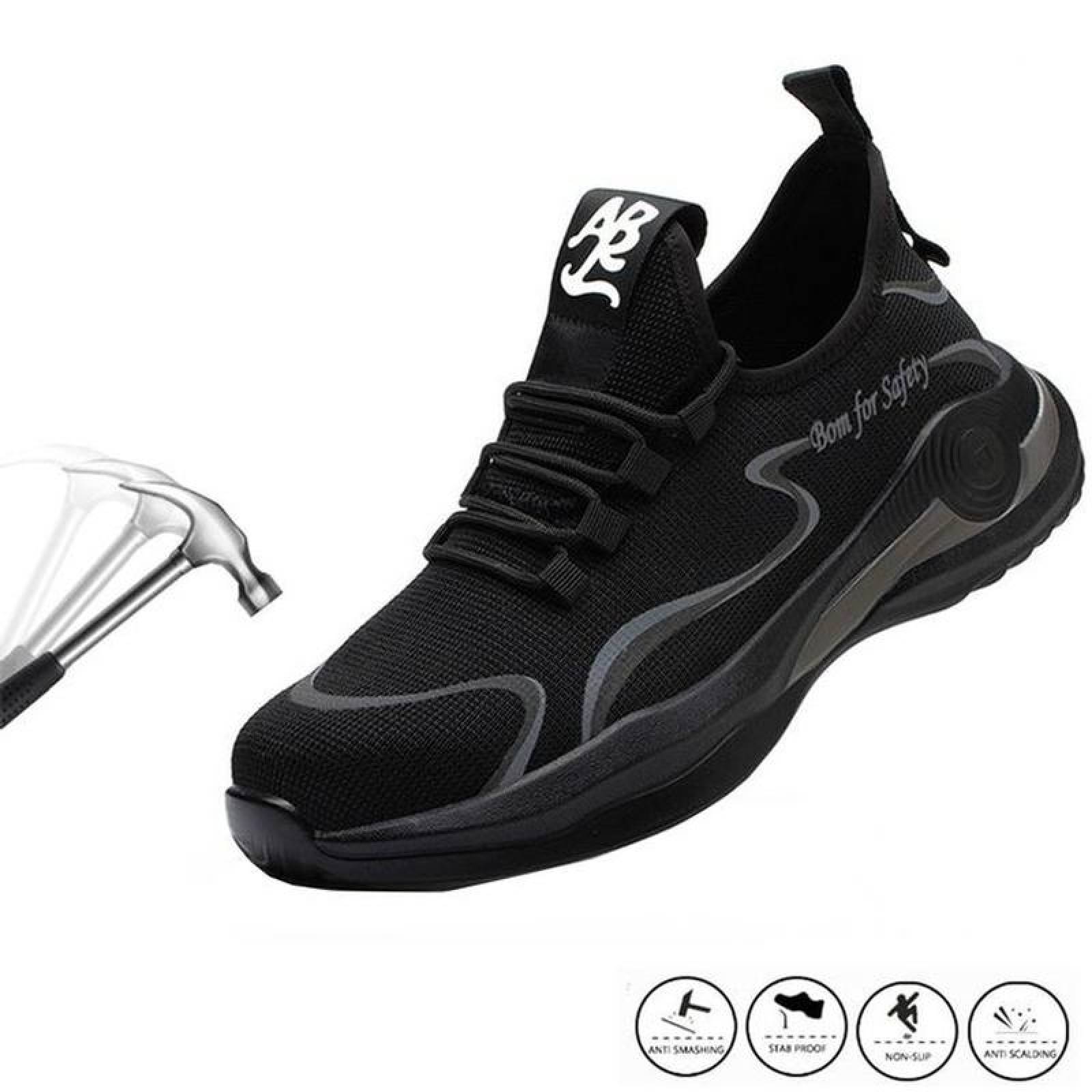 Botas Tenis Antipinchazos Ligero MXKHK-013 Talla 14US, 29MX, Negro/Gris, Plantilla Kevlar, Suela EVA, Punta de Acero, Agujetas, Ligero, Transpirable.