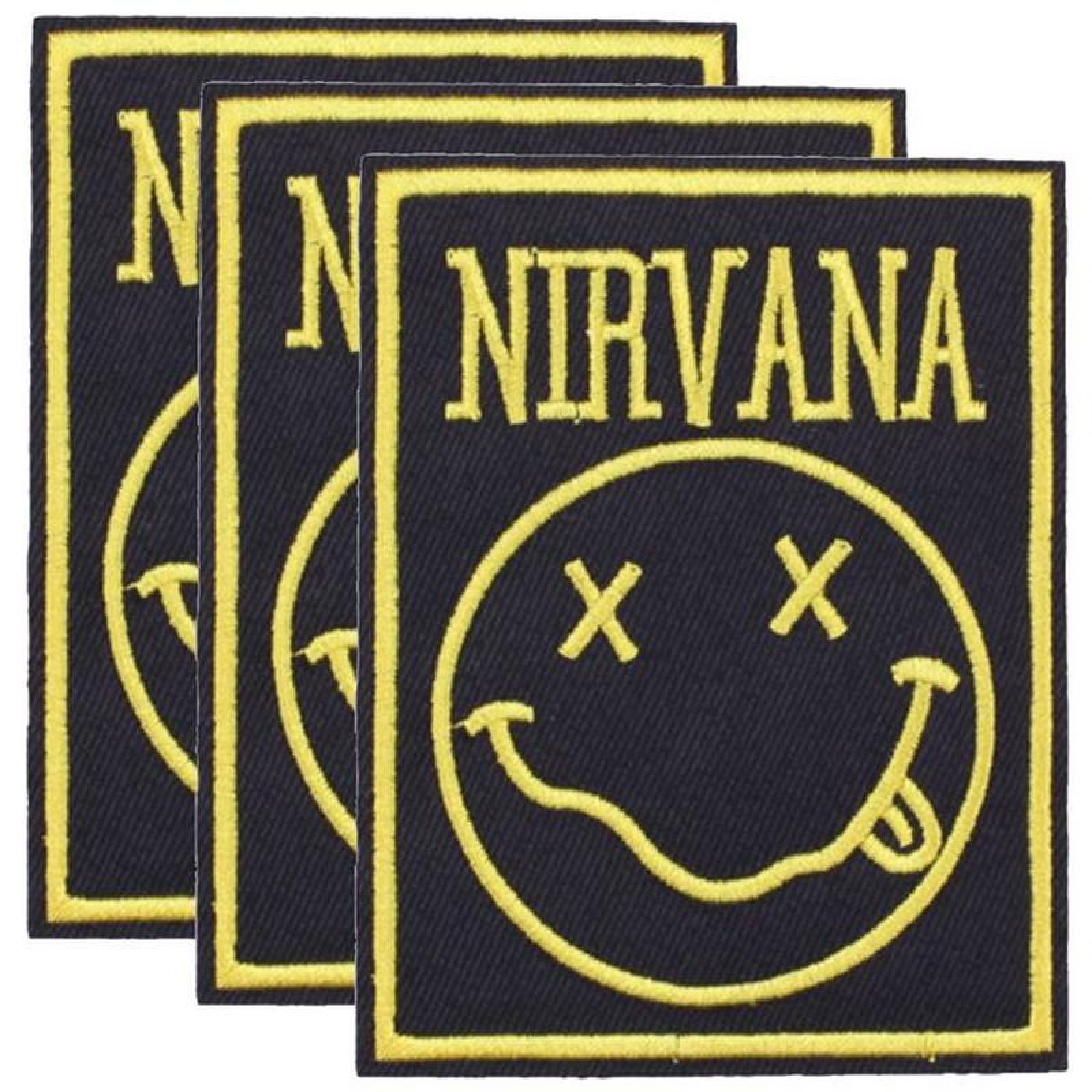 Grupo Nirvana Parches Adheribles MXVAN-003-3 3 Parches Nirvana 7,5x9,7cm NegroAmarillo Bordado Adhesivo para Planchar, Music18