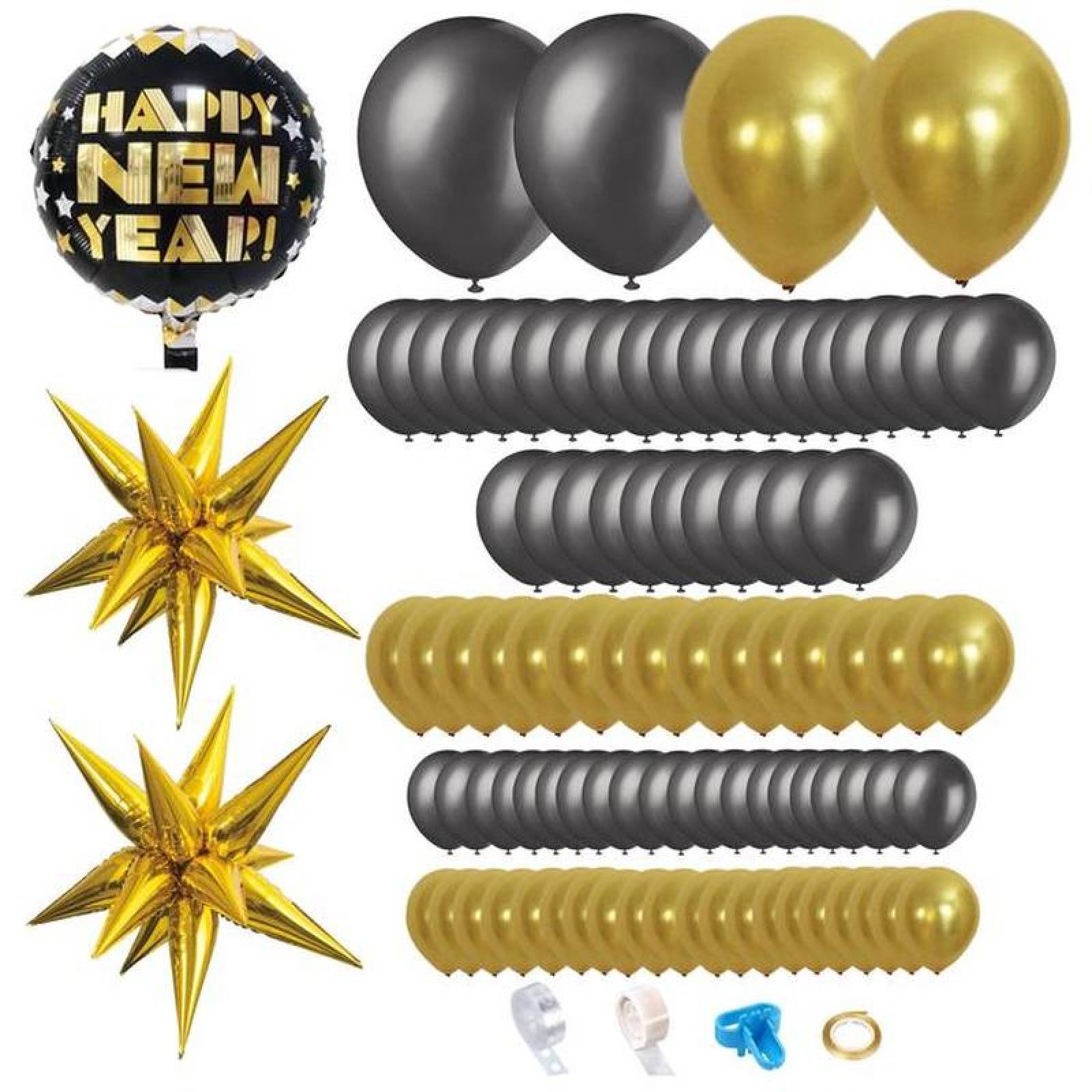 Globos de Año Nuevo MXRNW-003-2 3 Paquetes Látex NegroDorado, DecorNew