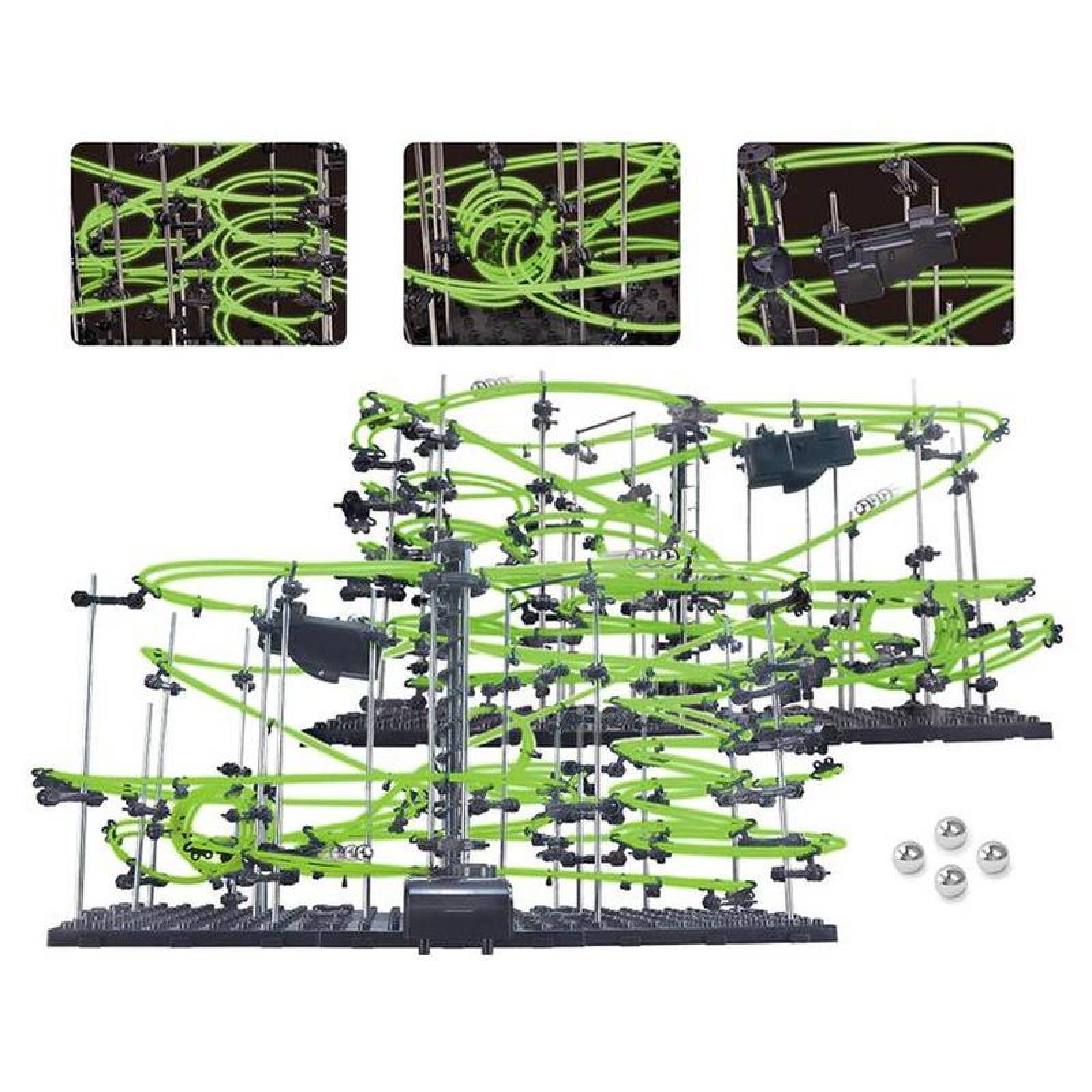 Rollercoaster Juego de Canicas MXGCG-001-21 488Pzas 4 Balines Nivel 4 Verde Fosforescente Plástico ABS, MagicRail 4G