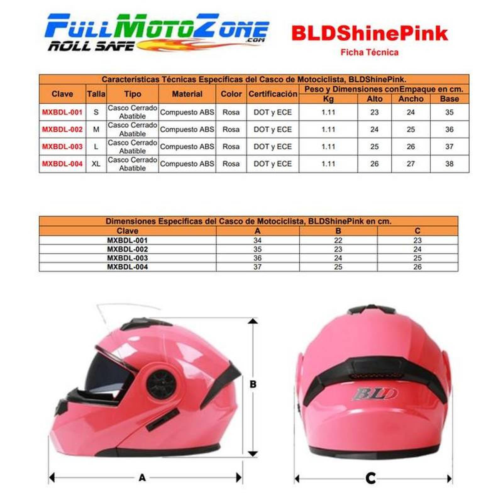 Casco Certificado DOT MXBDL-001-3 1Pza Rosa DOT Talla S Abatible Casco Motociclista BLDShinePink