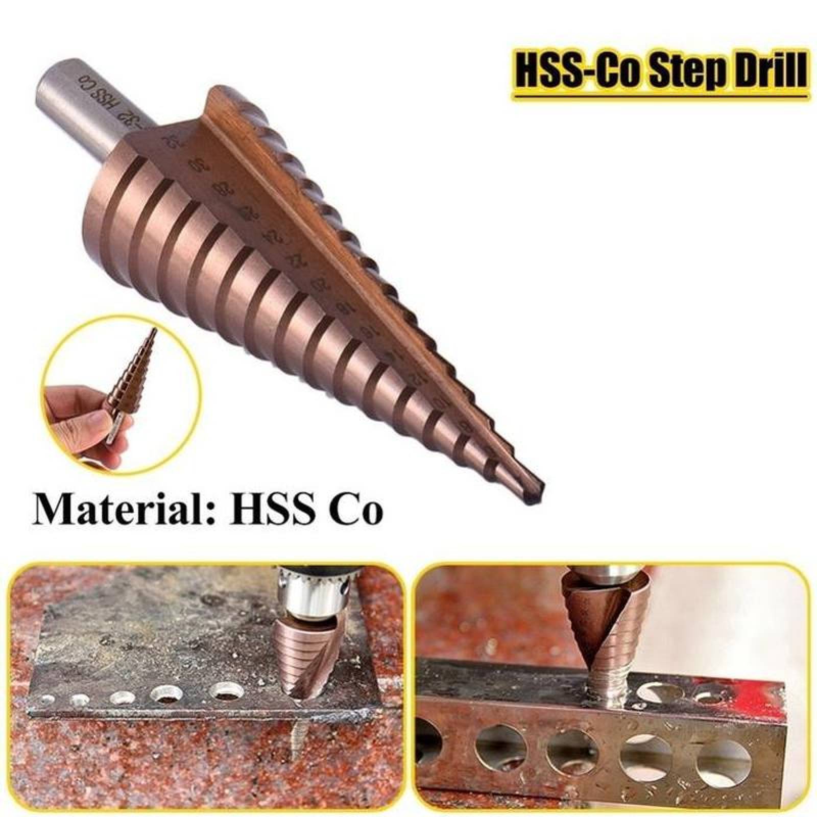 Brocas para Perforar Acero MXOPP-001-6 3pzs 1 x 4-12 1 x 4-20 1 x 4-32mm Acero Bronce Broca Cónica Escalonada Recta CopperDrill