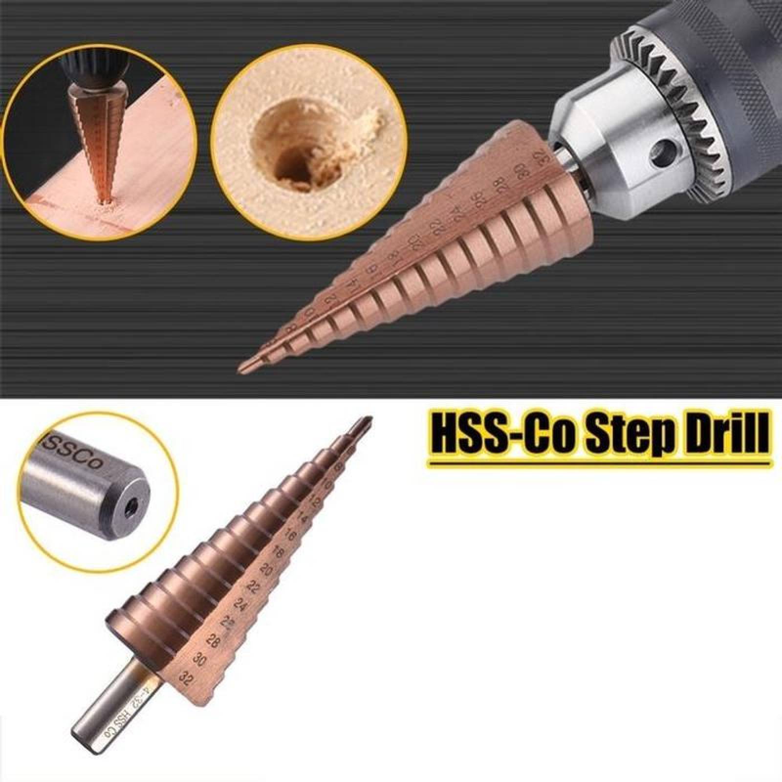 Broca Escalonada Perforar Concreto MXOPP-002-5 6pzs 2 x 4-12 2 x 4-20 2 x 4-32mm Acero Bronce Broca Cónica Escalonada Recta CopperDrill