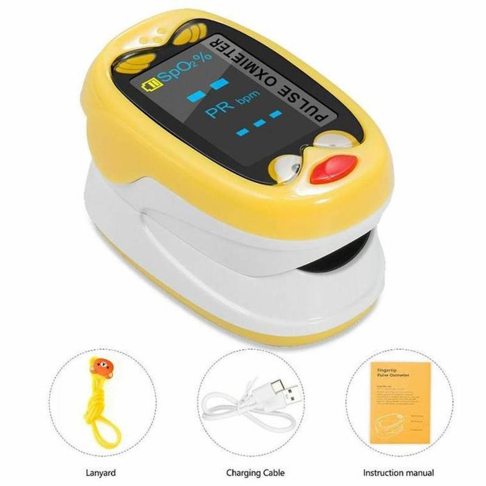 Oxímetro para Niños MXOKP-001-13 1Pza Amarillo Rango de Medición 70porciento -99porciento Spo2 30 a 240BPM mas menos 2BPM o mas menos 2porciento PR, OxiKid Pro