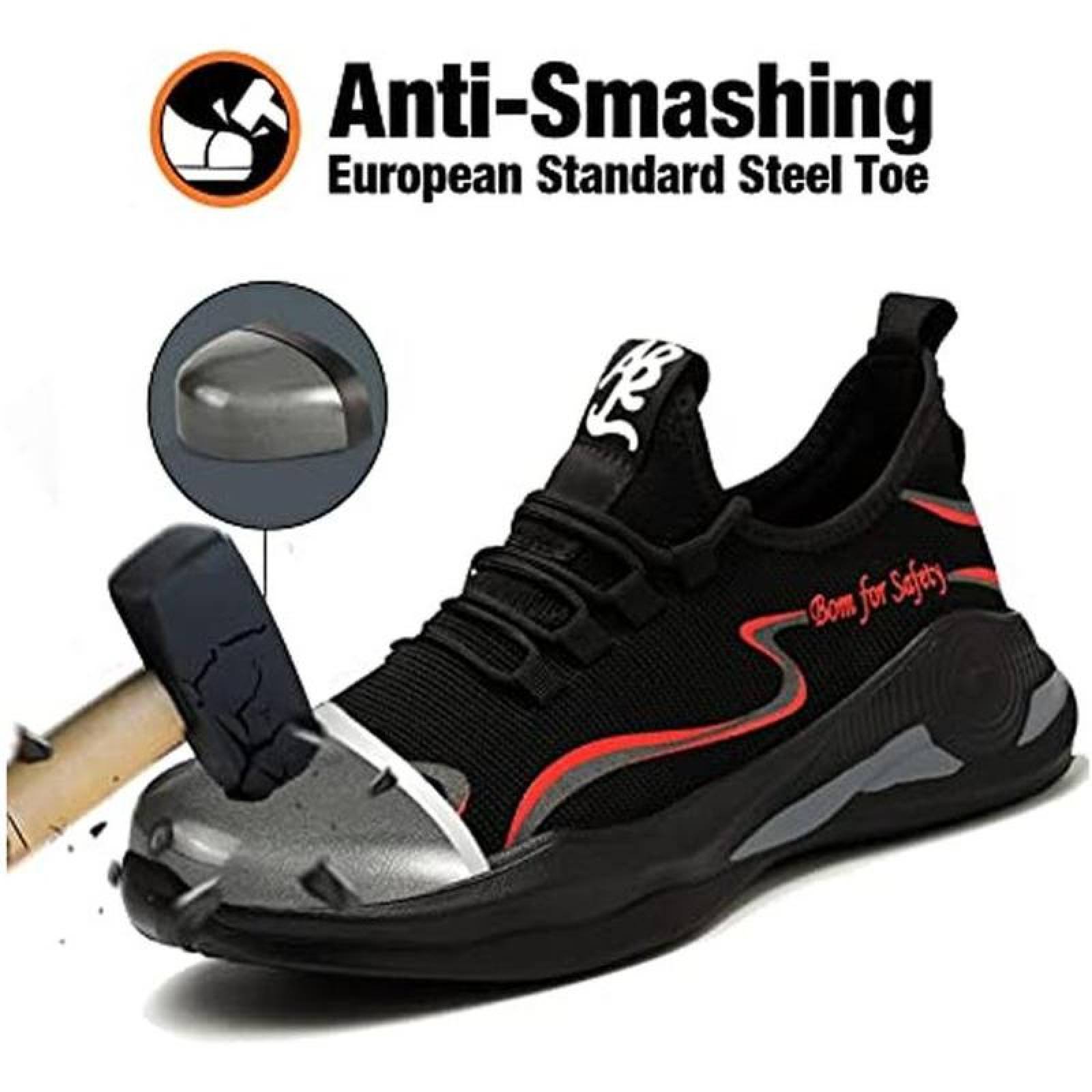 Zapatos de Seguridad Resistentes MXIKP-007-2 Talla 26 MX NegroRojo Plantilla Kevlar Suela EVA Punta de Acero Agujetas Ligero Transpirable, SafetyHikeRed