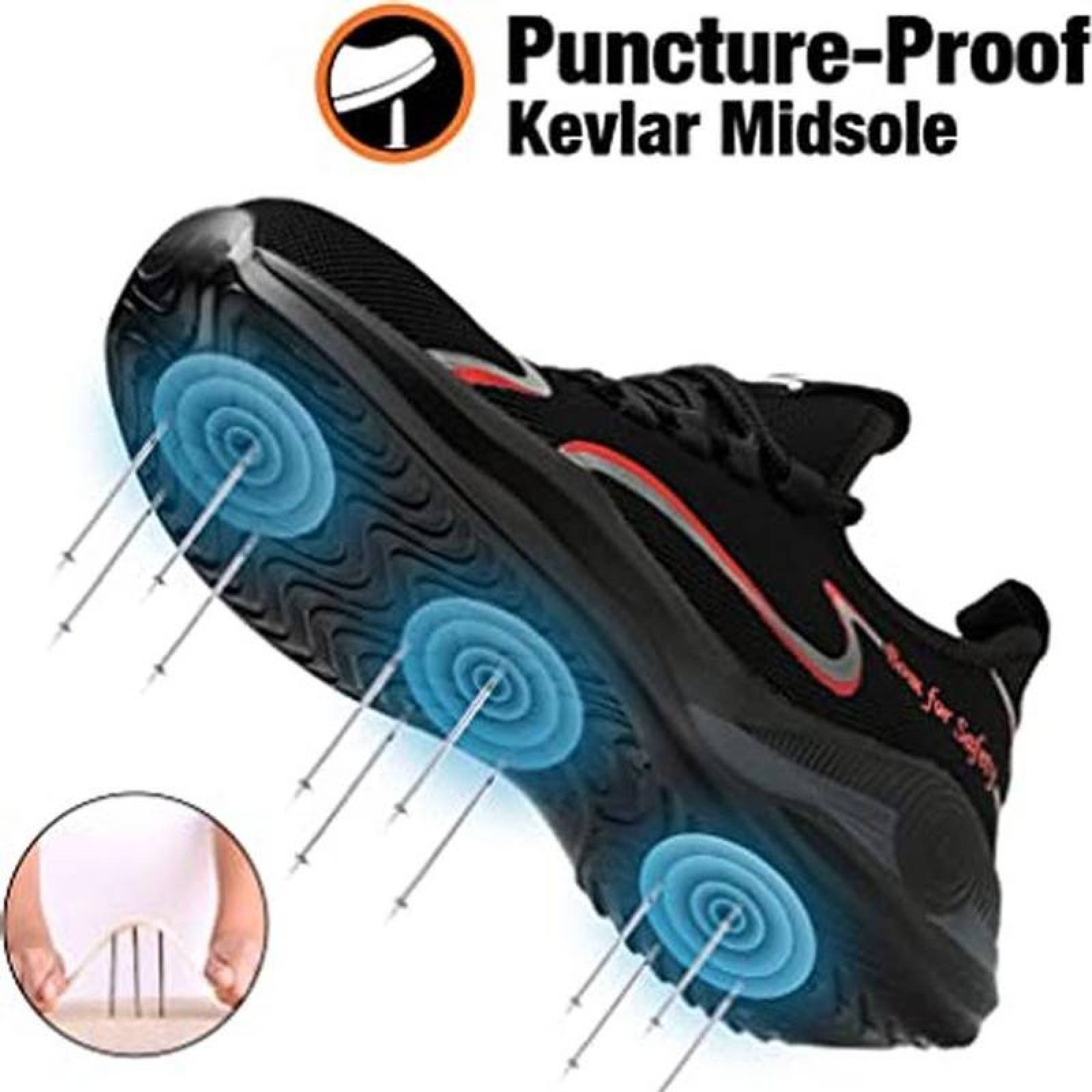 Zapatos de Seguridad Resistentes MXIKP-007-2 Talla 26 MX NegroRojo Plantilla Kevlar Suela EVA Punta de Acero Agujetas Ligero Transpirable, SafetyHikeRed