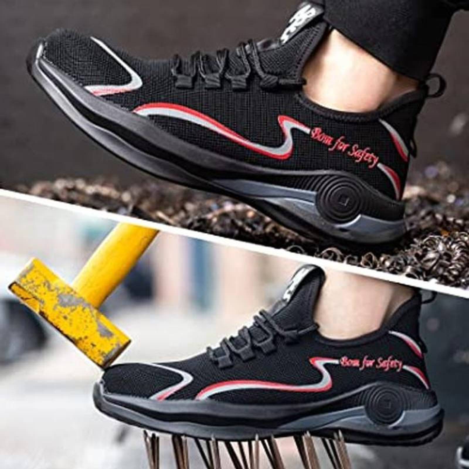 Zapatos de Seguridad Resistentes MXIKP-007-2 Talla 26 MX NegroRojo Plantilla Kevlar Suela EVA Punta de Acero Agujetas Ligero Transpirable, SafetyHikeRed