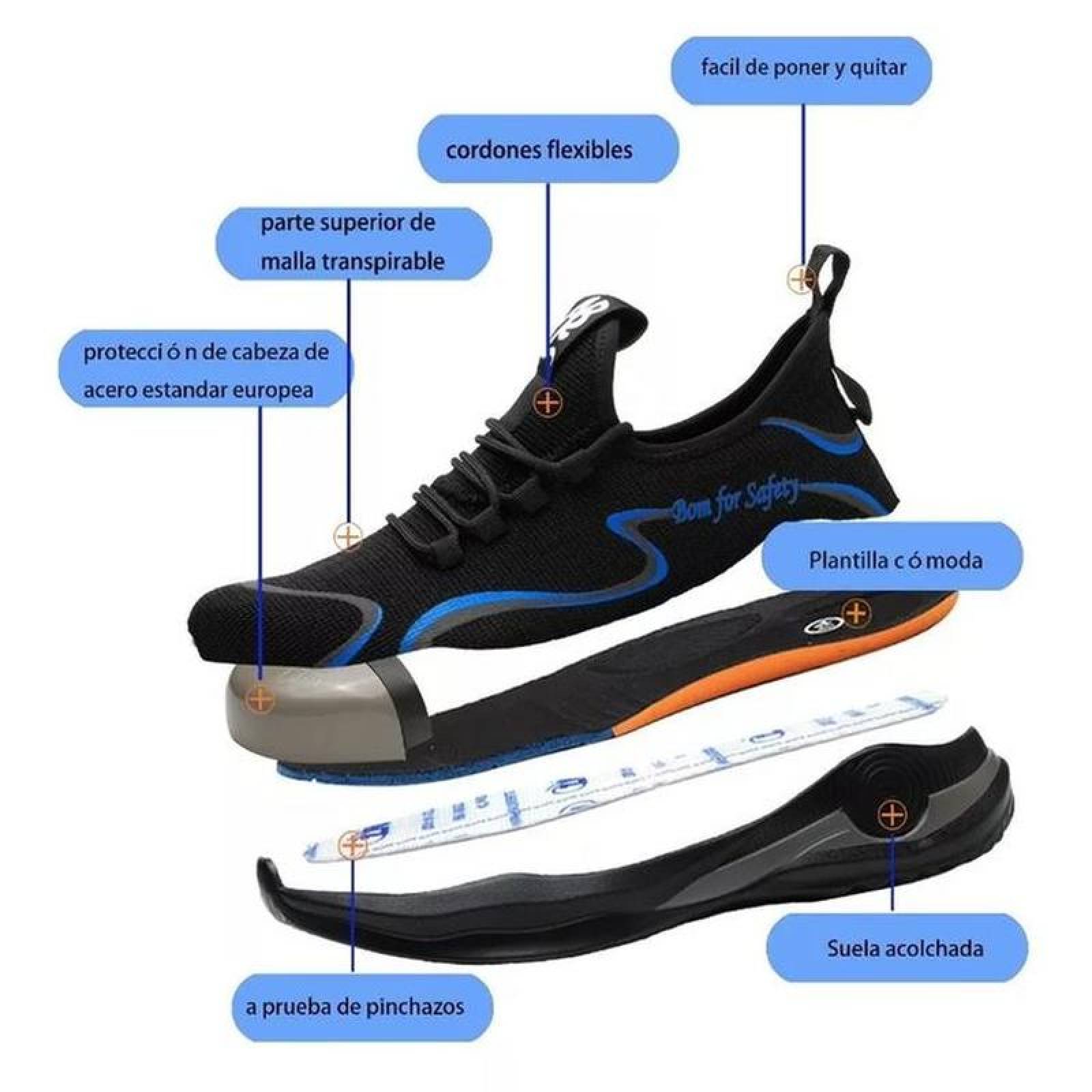 Zapatos de Seguridad Resistentes MXIKU-004-2 Talla 6.5US, 24.5MX, Negro/Azul, Plantilla Kevlar, Suela EVA, Punta de Acero, Agujetas, Ligero, Transpirable.