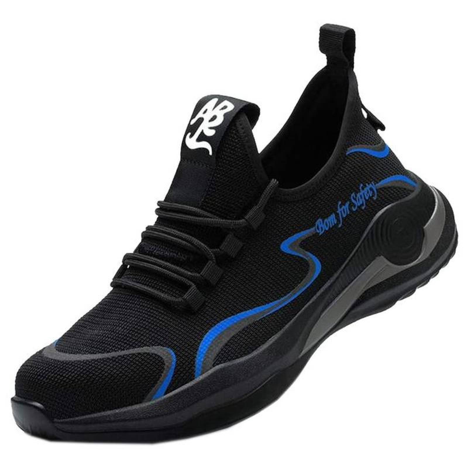 Zapatos de Trabajo Antiderrapante MXIKU-009-1 Talla 10.5US, 27MX, Negro/Azul, Plantilla Kevlar, Suela EVA, Punta de Acero, Agujetas, Ligero, Transpirable.