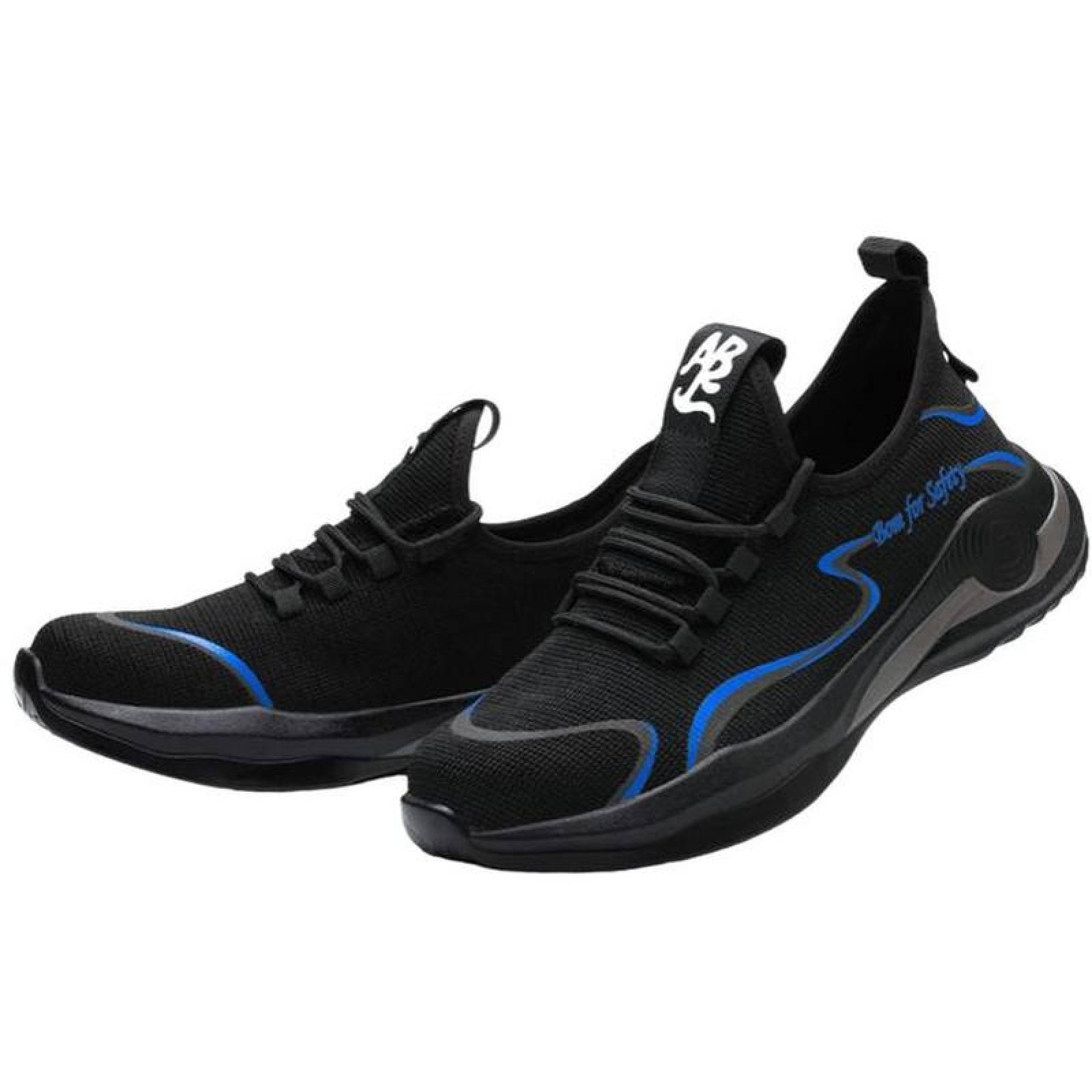 Zapatos de Trabajo Antiderrapante MXIKU-009-1 Talla 10.5US, 27MX, Negro/Azul, Plantilla Kevlar, Suela EVA, Punta de Acero, Agujetas, Ligero, Transpirable.