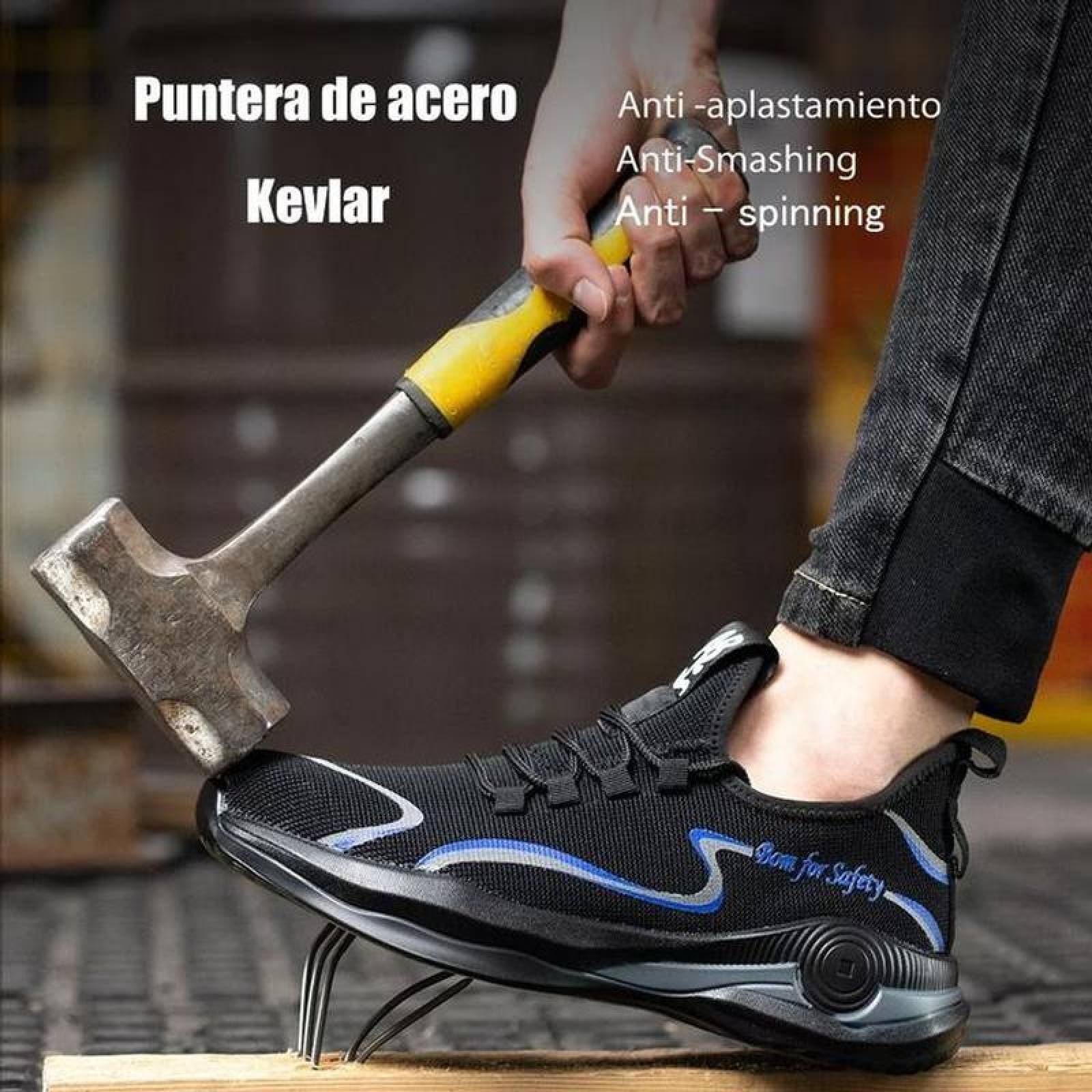 Zapatos de Trabajo Antiderrapante MXIKU-009-1 Talla 10.5US, 27MX, Negro/Azul, Plantilla Kevlar, Suela EVA, Punta de Acero, Agujetas, Ligero, Transpirable.