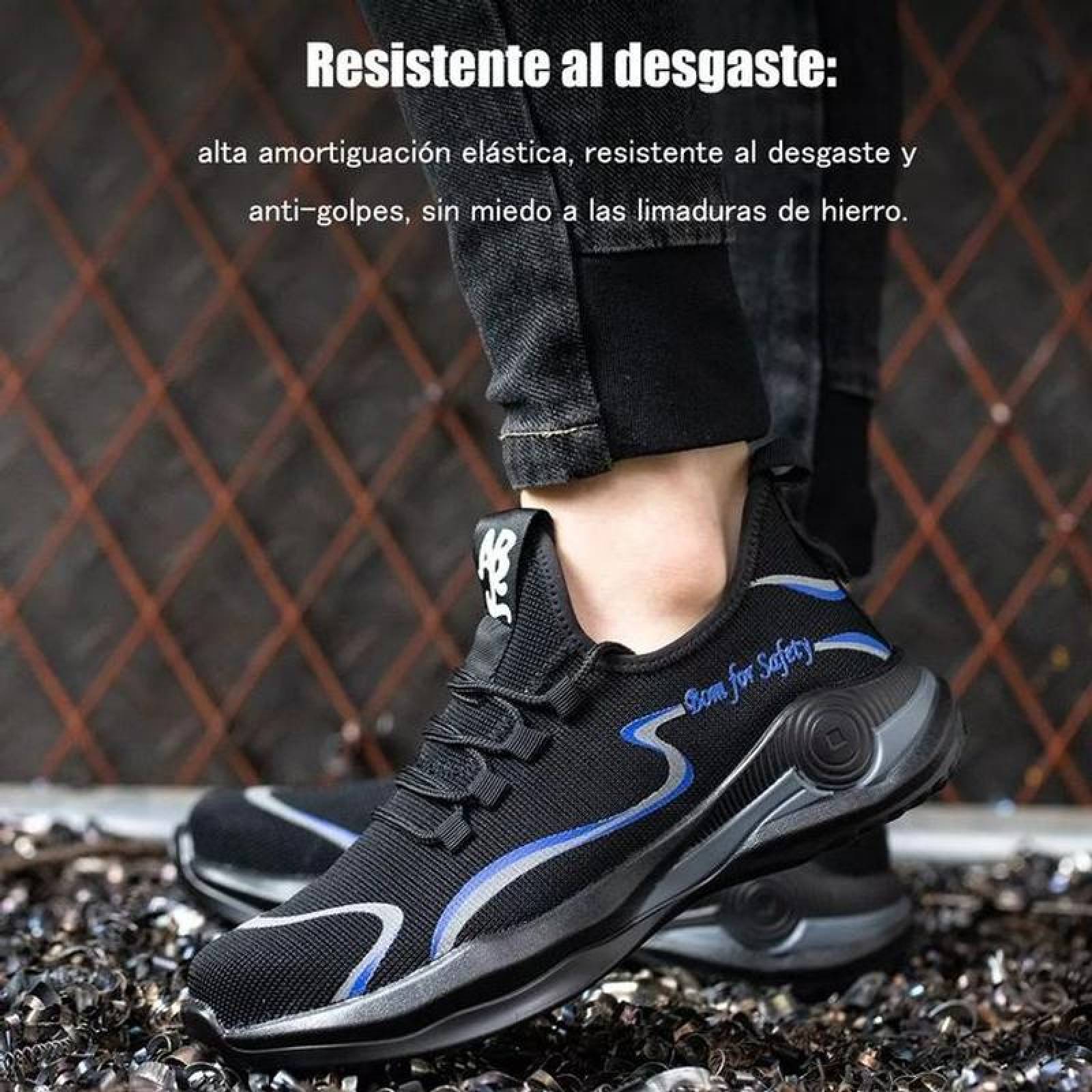 Zapatos de Trabajo Antiderrapante MXIKU-009-1 Talla 10.5US, 27MX, Negro/Azul, Plantilla Kevlar, Suela EVA, Punta de Acero, Agujetas, Ligero, Transpirable.