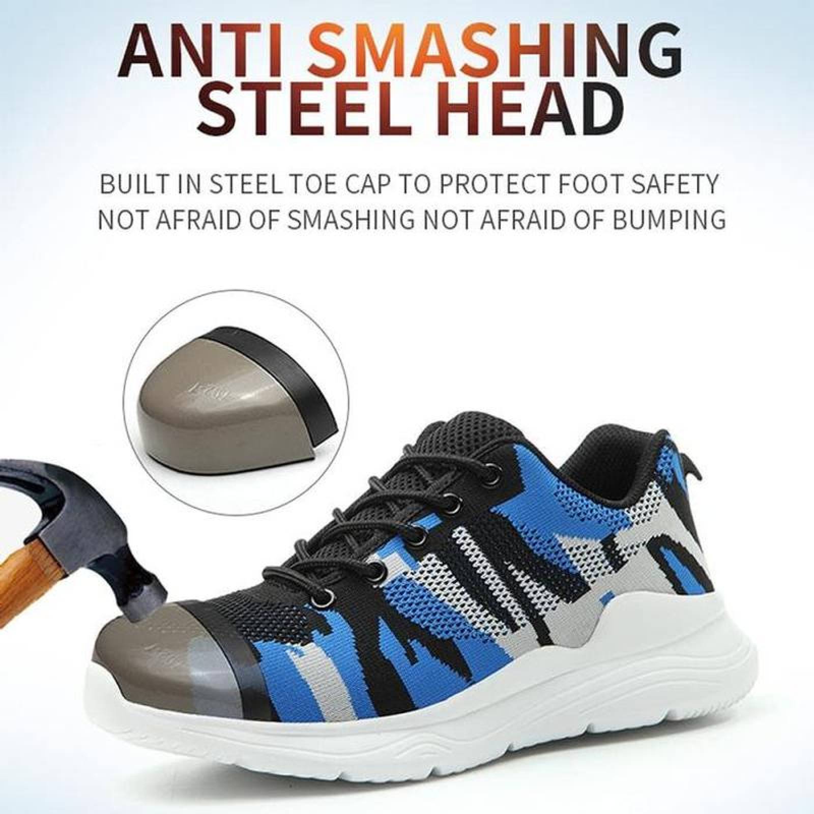 Zapatos Resistentes MXTFF-010-1 Talla 11US, 27.5MX, 45EUR, Azul/Negro, Plantilla Kevlar, Suela EVA, Punta de Acero, Agujetas, Ligero, Transpirable.