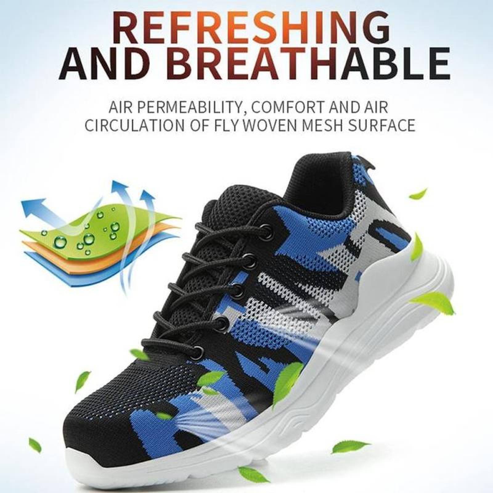 Zapatos Resistentes MXTFF-010-1 Talla 11US, 27.5MX, 45EUR, Azul/Negro, Plantilla Kevlar, Suela EVA, Punta de Acero, Agujetas, Ligero, Transpirable.