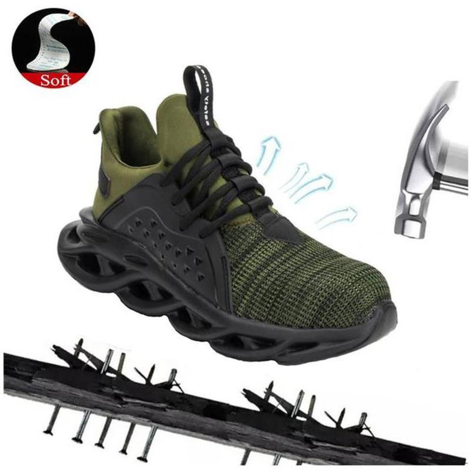 Tenis Unisex de Seguridad MXYAE-011-1 Talla 11.5US, 28MX, Verde, Plantilla Kevlar, Suela EVA, Punta de Acero, Agujetas, Ligero, Transpirable.