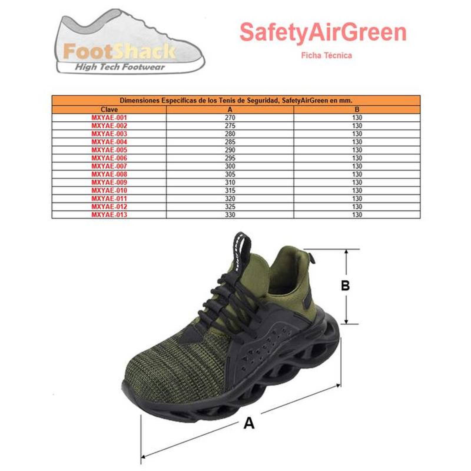 Tenis Unisex de Seguridad MXYAE-011-1 Talla 11.5US, 28MX, Verde, Plantilla Kevlar, Suela EVA, Punta de Acero, Agujetas, Ligero, Transpirable.