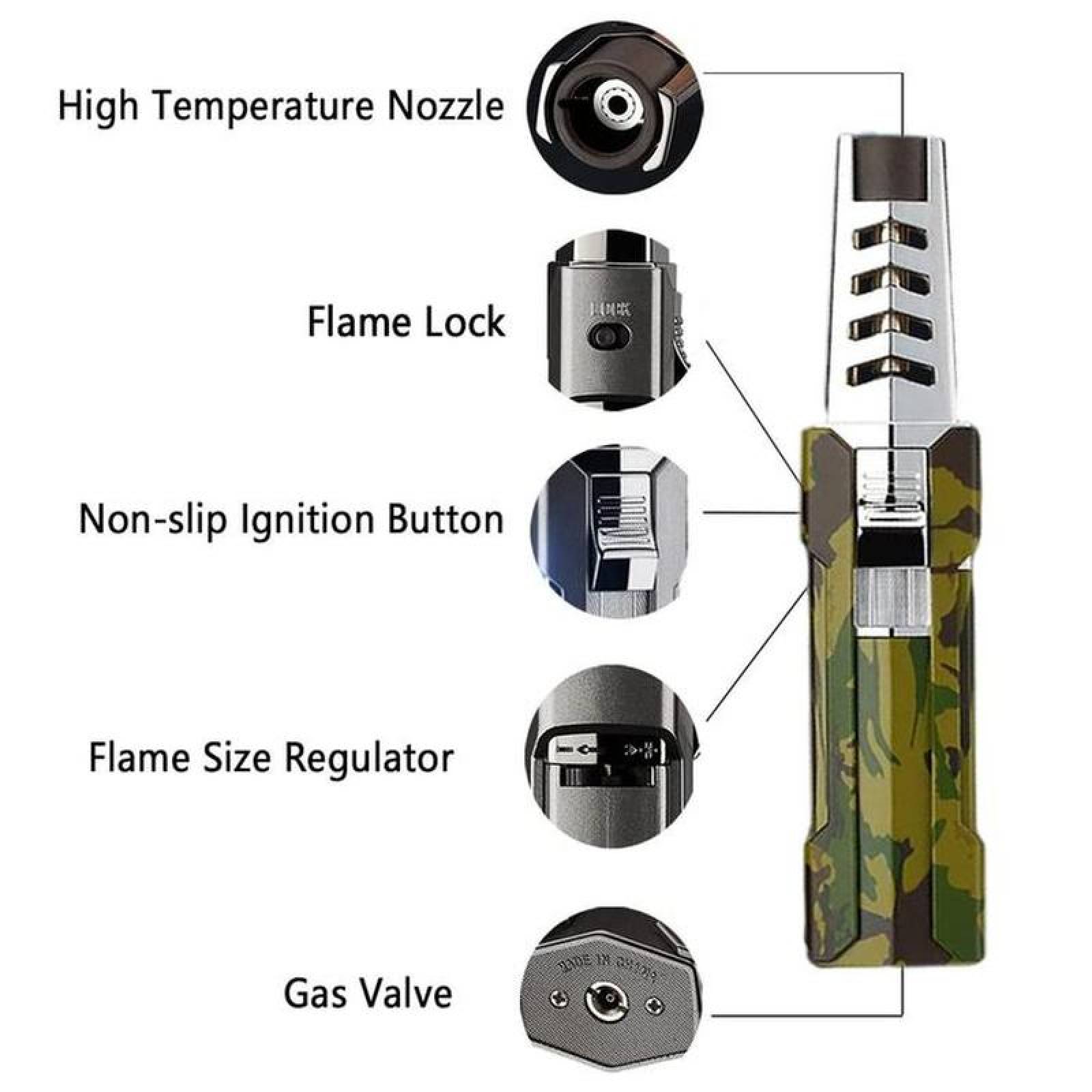 Encendedor Tipo Soplete de Metal MXHCO-003-5 3 Pzas Camuflaje Recargable Metal Gas Butano, LighterProCamo
