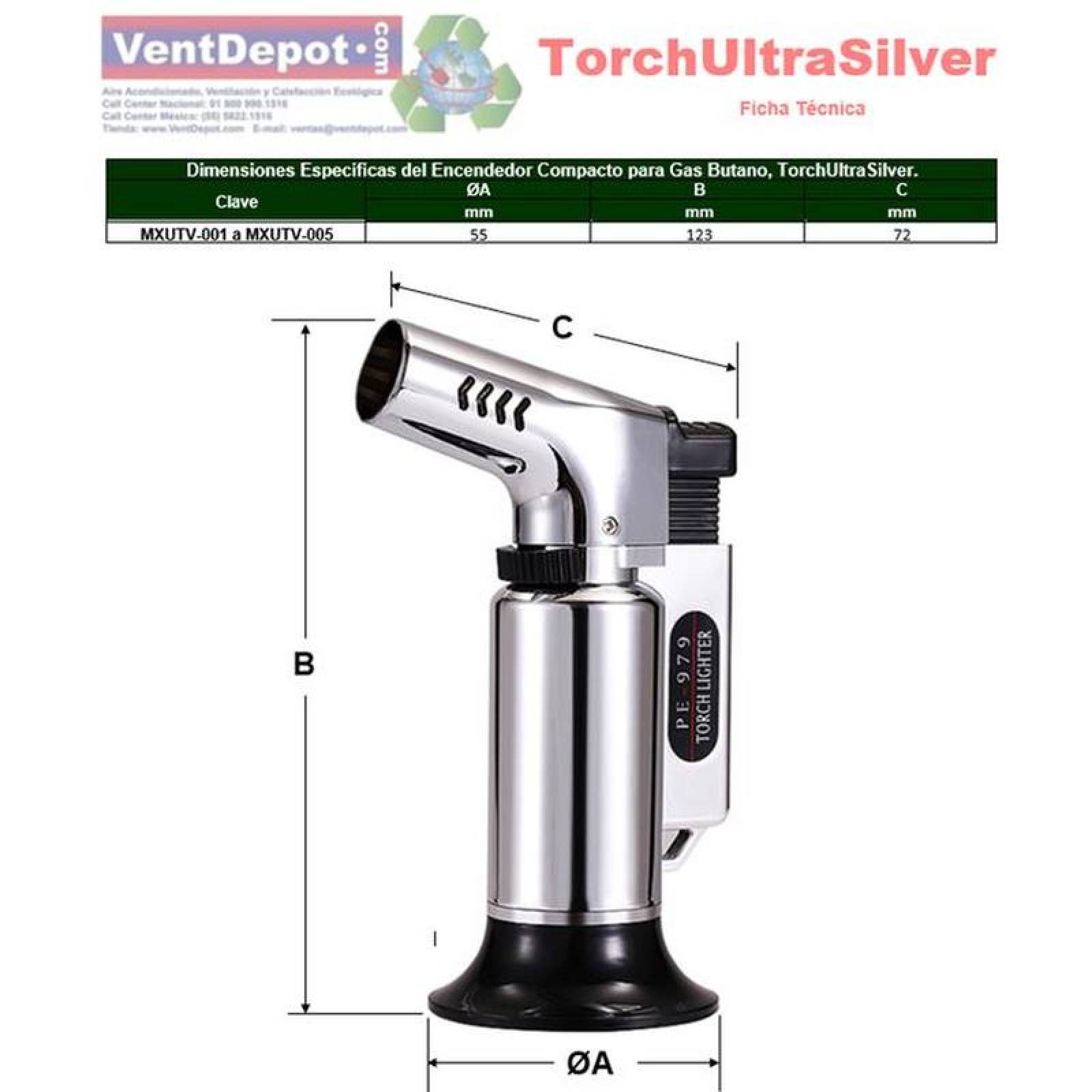 Encendedores para Casa MXUTV-001-5 1 Pza Plata Recargable Metal Gas Butano, TorchUltraSilver