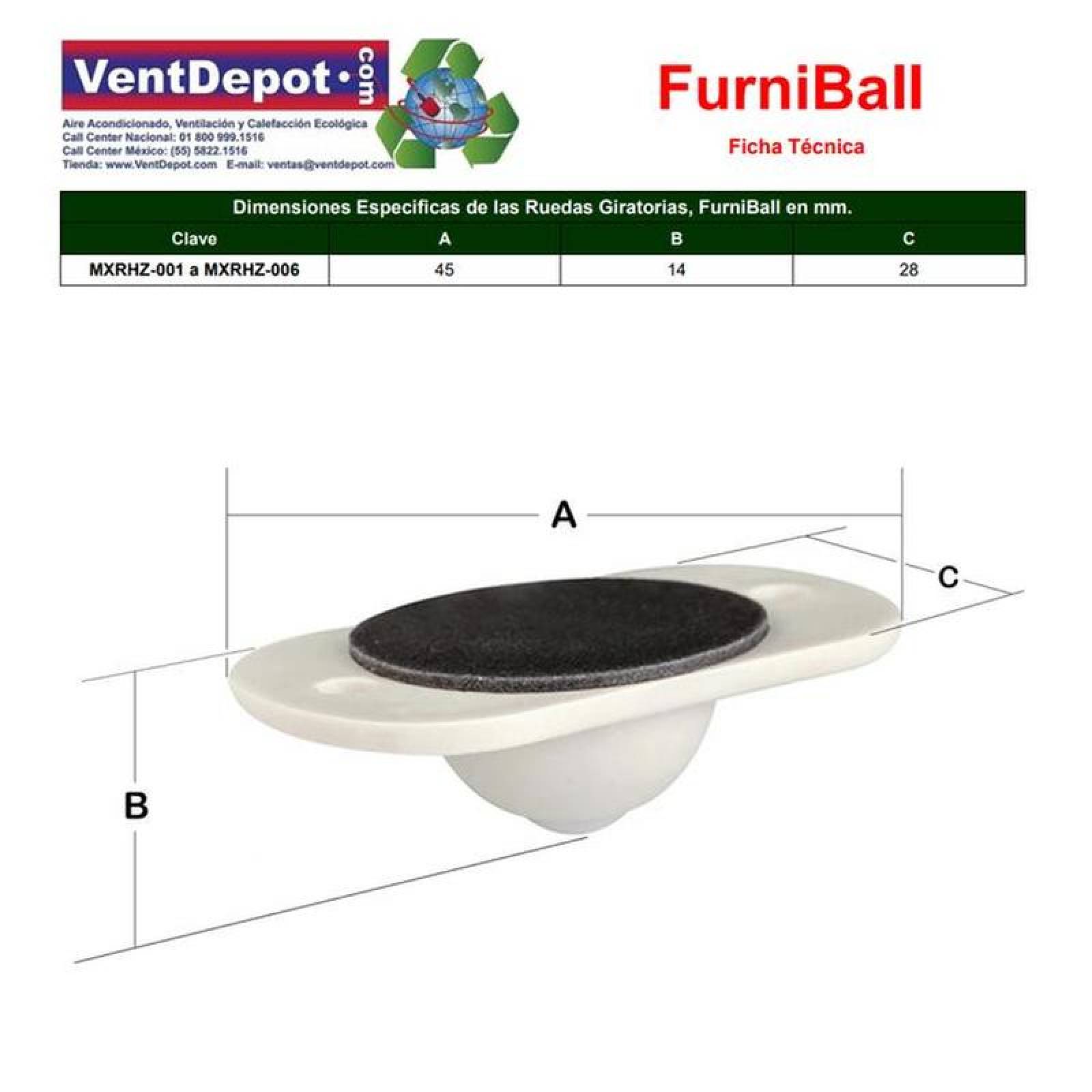 Rueditas para muebles MXRHZ-001-3 2 pzs Blanco 45x14x28mm PlásticoMetal Base Rueda Giratoria Adherible FurniBall