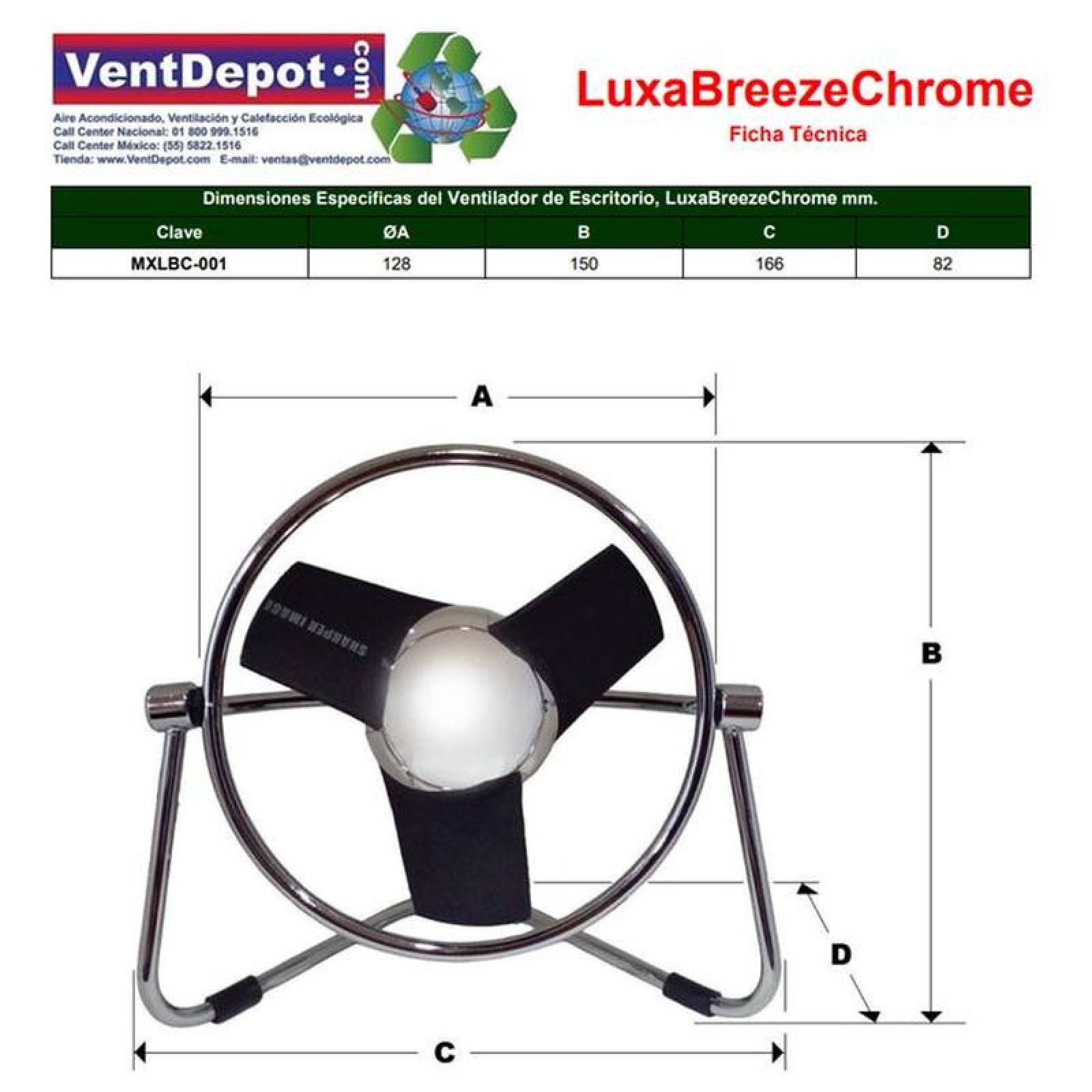 Soplador Diseño Moderno MXLBC-005-1 5Pzas 5" Diámetro Cromo USB y Clavija 127V 2 Velocidades Ventilador de Escritorio, LuxaBreezeChrome