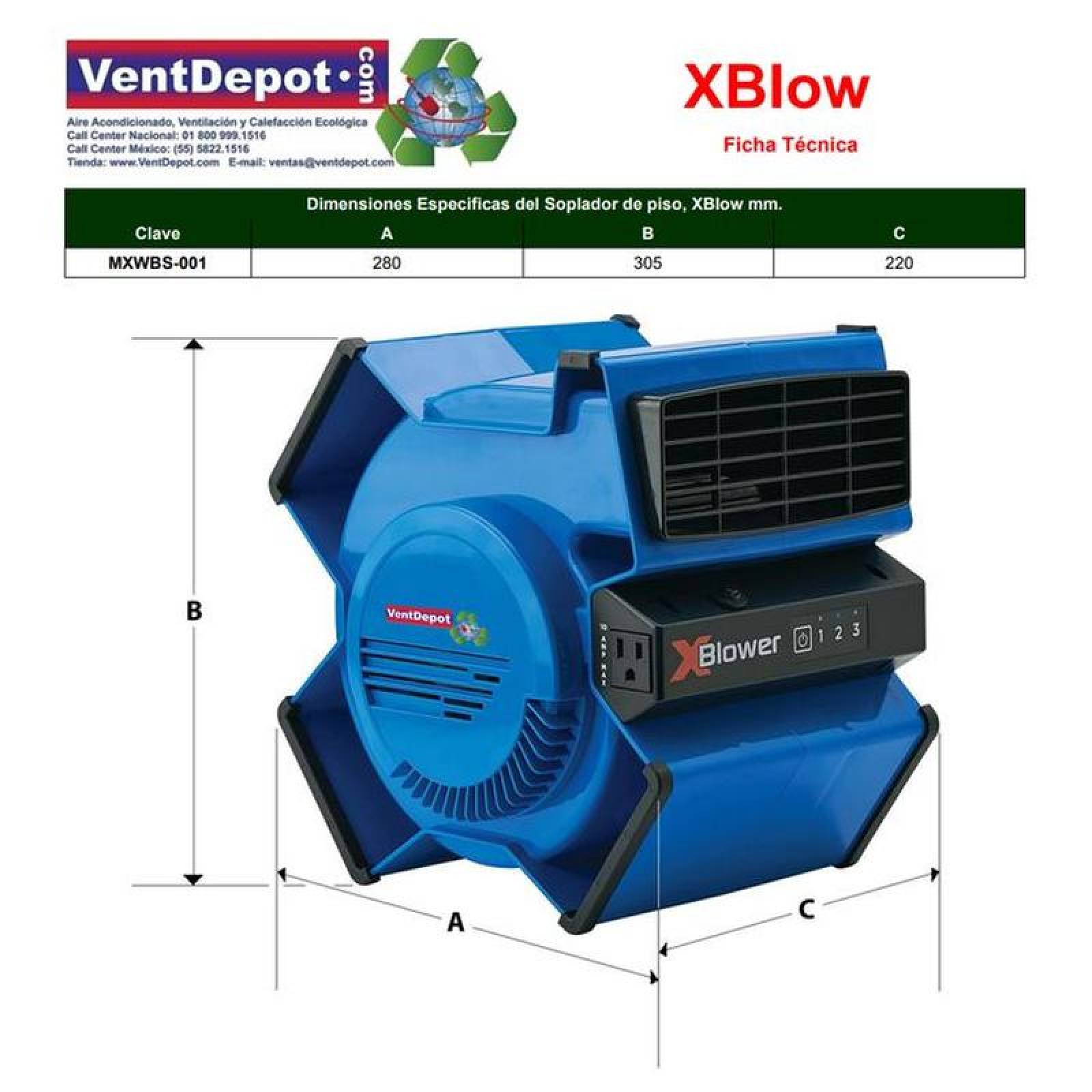 Soplador portátil de tres velocidad MXWBS-001-4 1Pza 628 m³hr 400CFM 110V1F60Hz 3 Velocidades Plástico Multiposición, XBlow