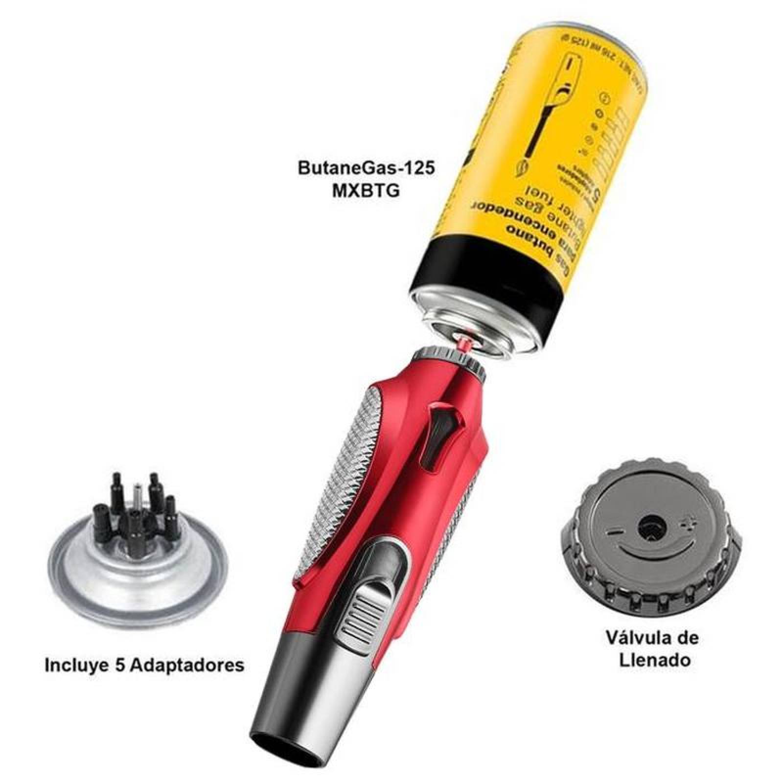 Encendedor con 2 Mechas MXLUR-001-3 1 Pza Rojo Recargable Metal Gas Butano, TorchPlusRed