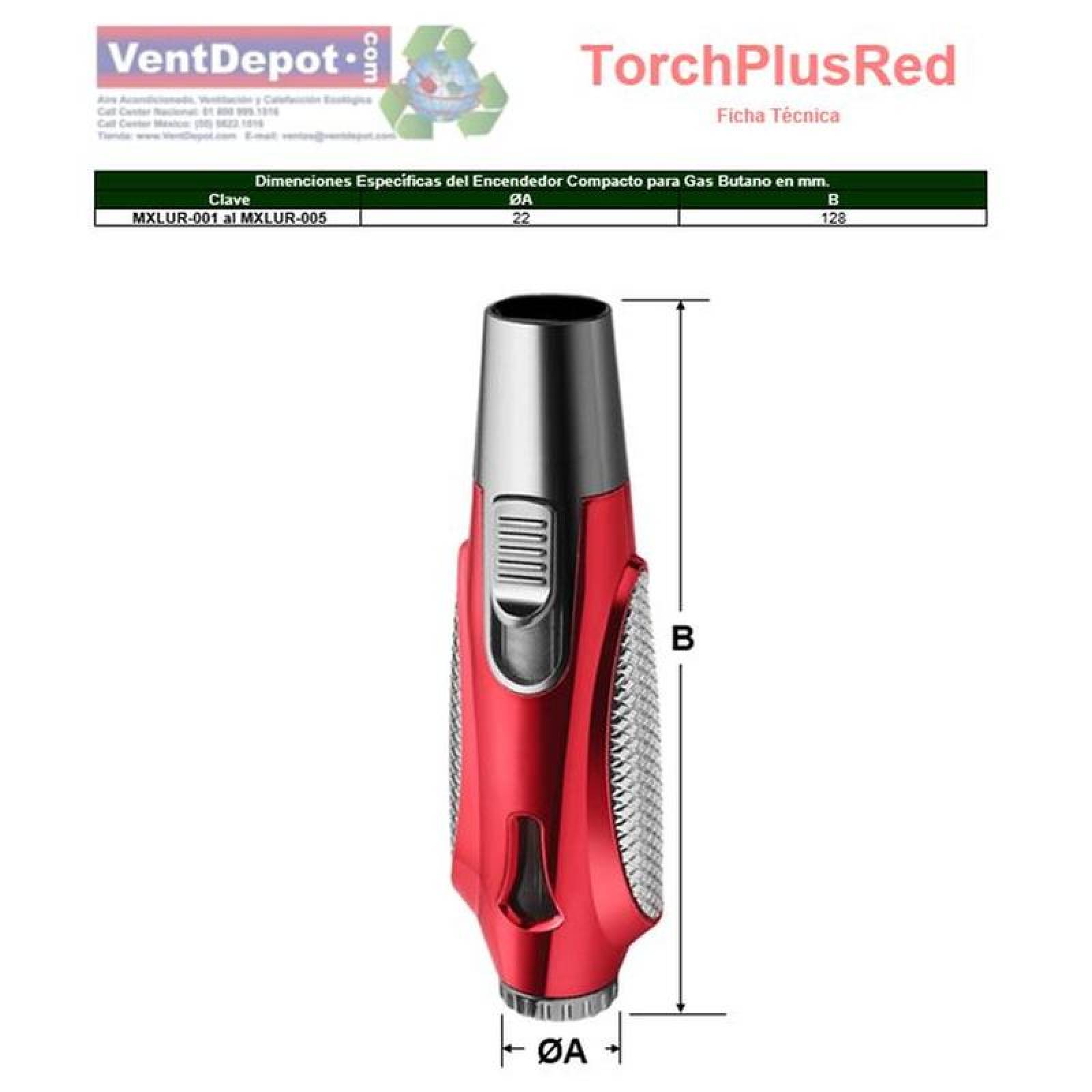 Encendedor con 2 Mechas MXLUR-001-3 1 Pza Rojo Recargable Metal Gas Butano, TorchPlusRed