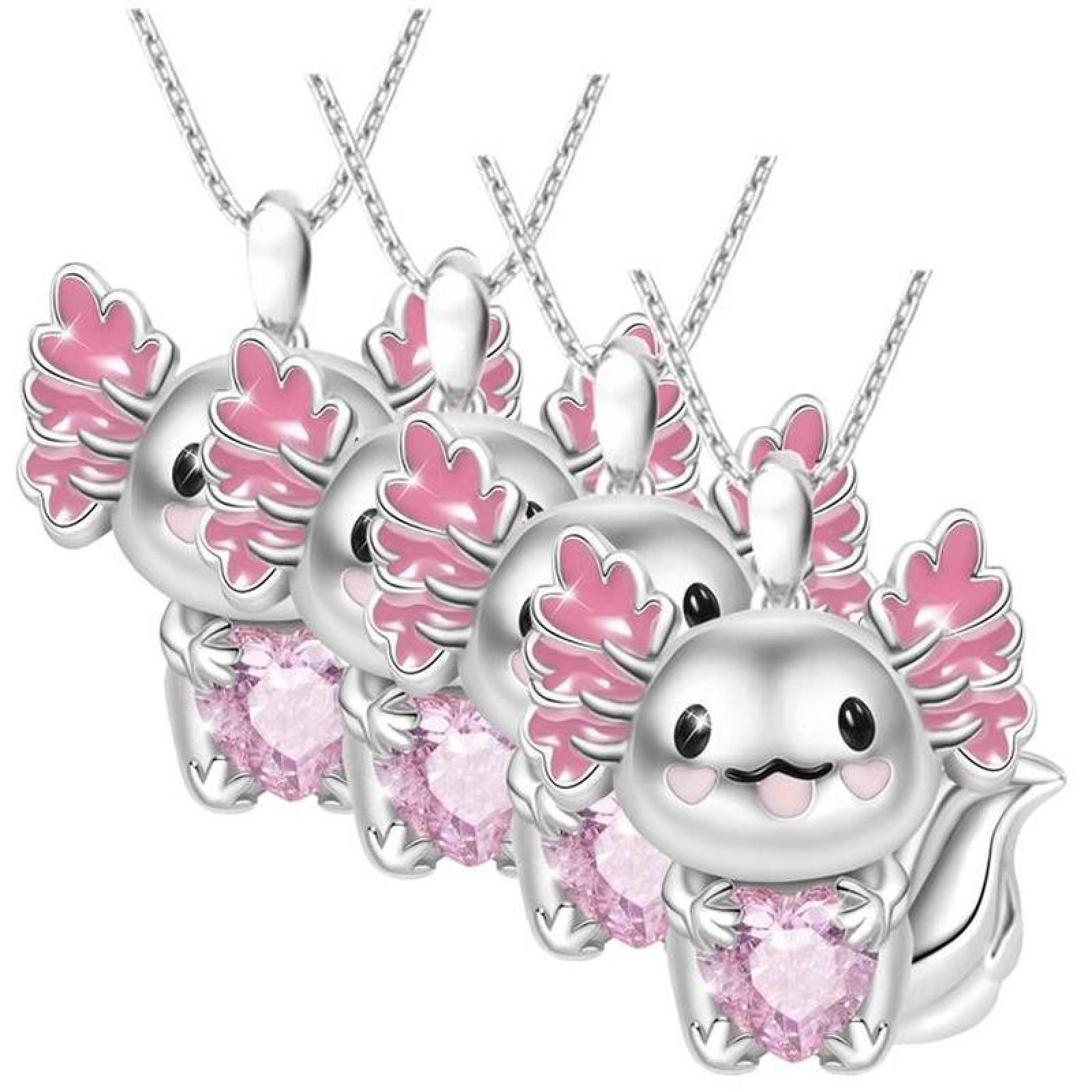 Colgante de Ajolotes MXAXO-004-3 4Pzas AjoloteCorazón PlataRosa Metal Cadena y Dije, AxolotlNeck01