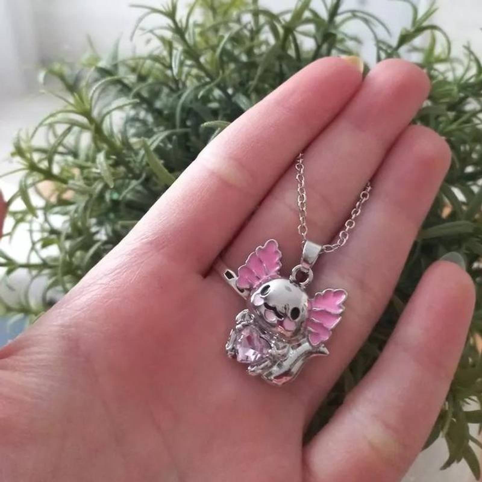 Colgante de Ajolotes MXAXO-004-3 4Pzas AjoloteCorazón PlataRosa Metal Cadena y Dije, AxolotlNeck01