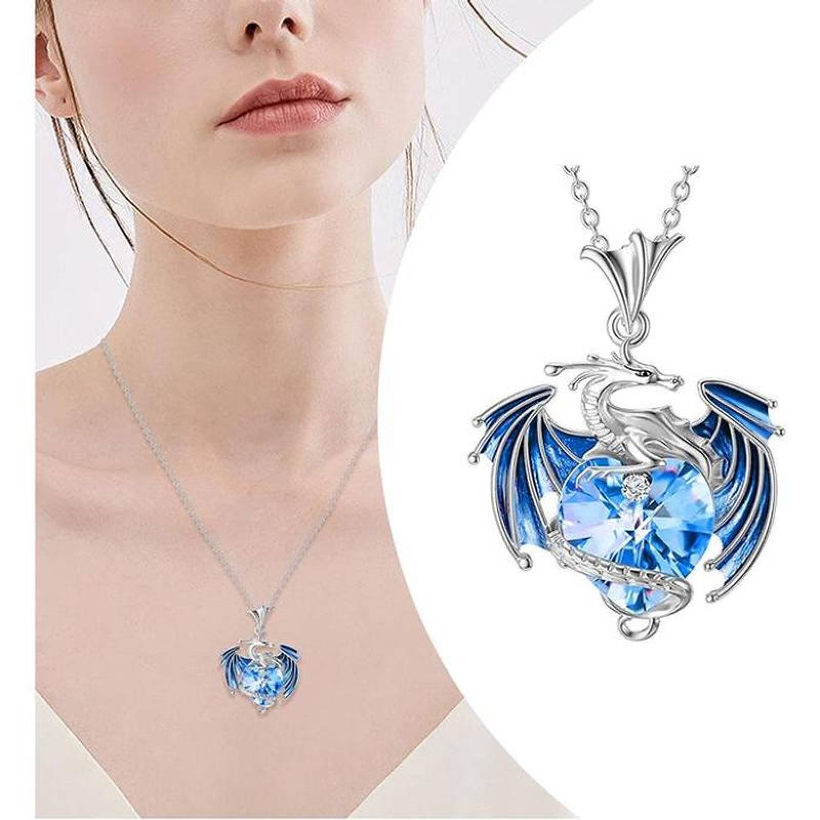 Cadenas y Dijes para Dama MXGNR-001-3 1 Pza Collar DragónCorazón PlataAzul Metal, DragónNeck02