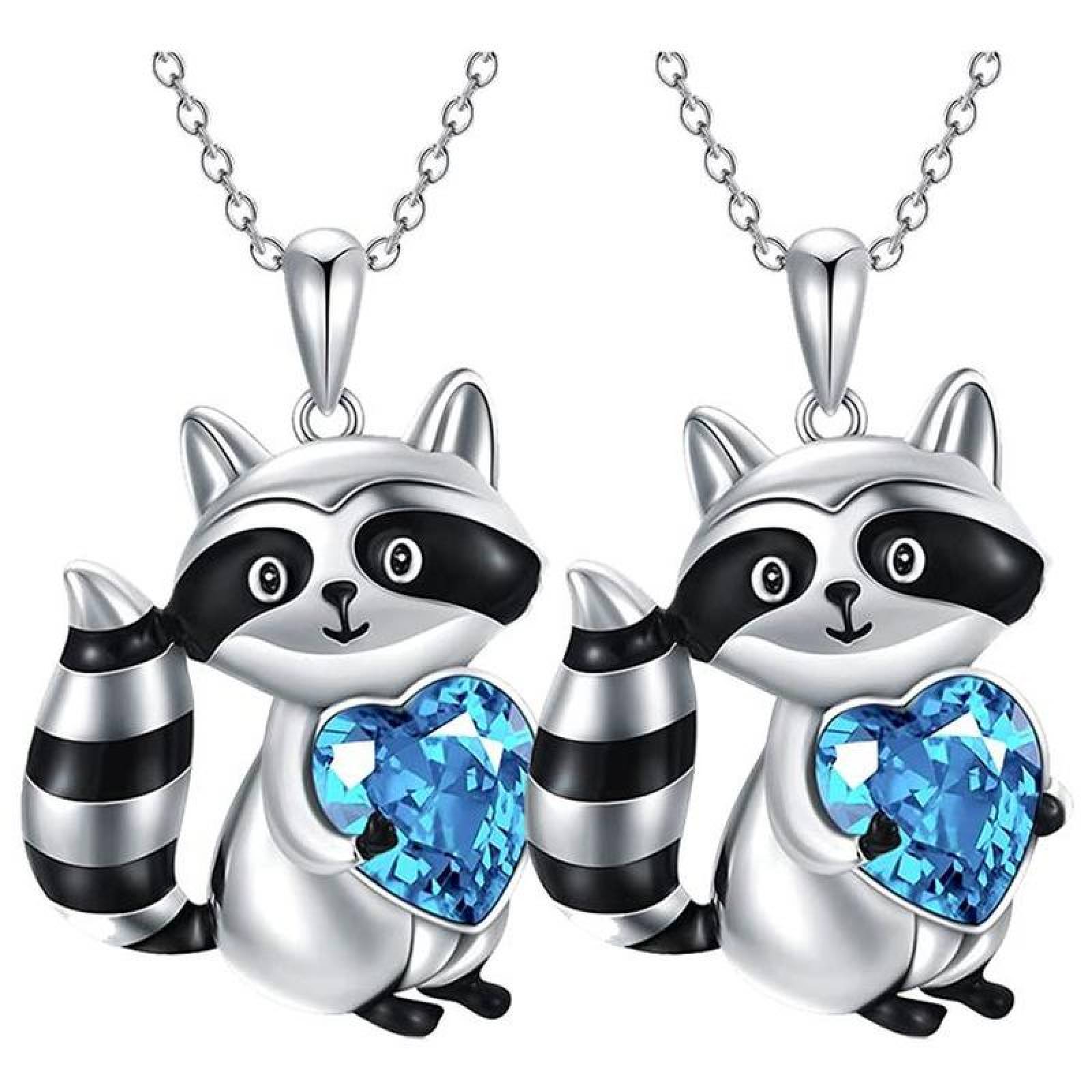 Collares de Figuras de Animales MXOOK-002-1 2 Pzas Collar MapacheCorazón PlataAzul Metal, RaccoonNeck01