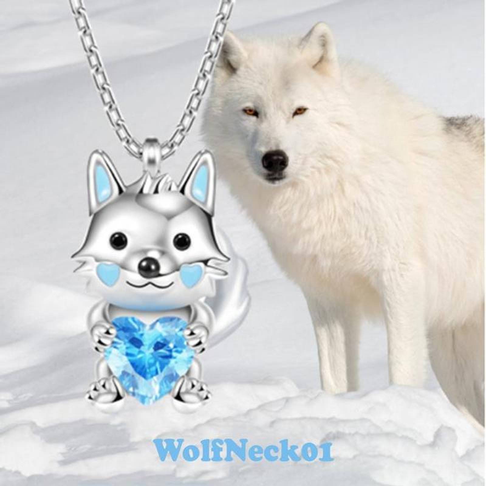 Lobo Dije y Cadena MXWOF-004-5 4 Pzas Collar LoboCorazón PlataAzul Metal, WolfNeck01