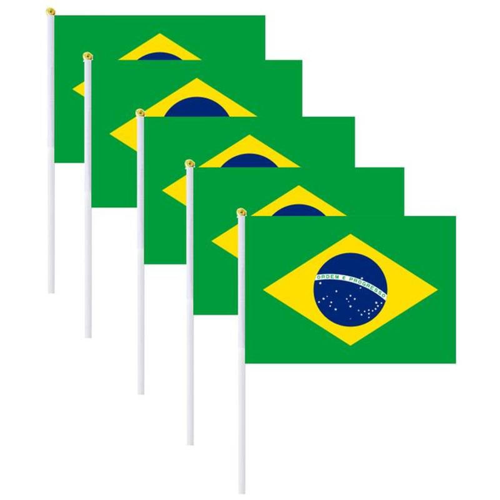 Banderas Pequeñas MXBRF-001-2 5Pzas Brasil 14x21cm Tela Poliéster Asta Plástico, BRminiFlag