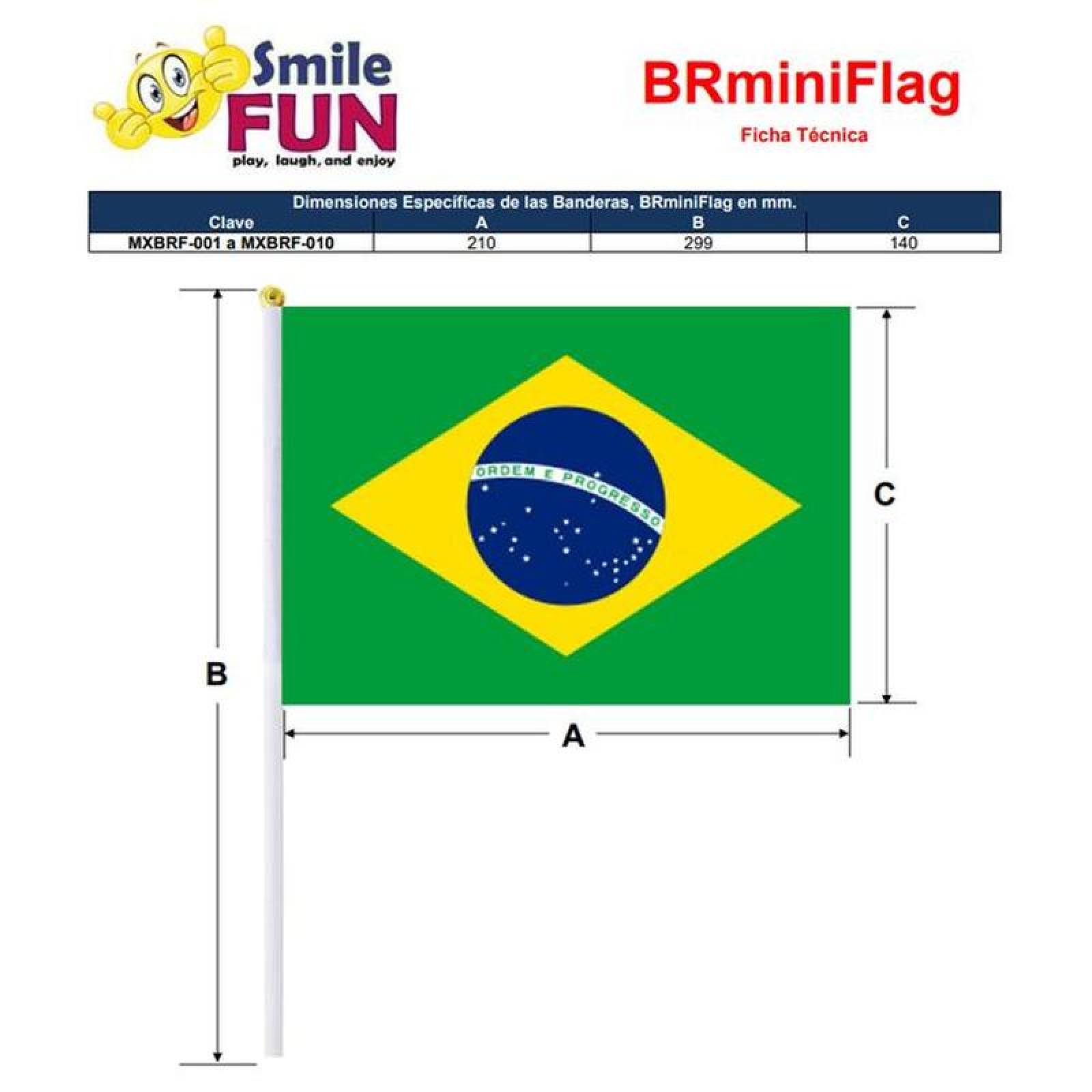 Banderitas de Brasil MXBRF-005-1 25Pzas Brasil 14x21cm Tela Poliéster Asta Plástico, BRminiFlag